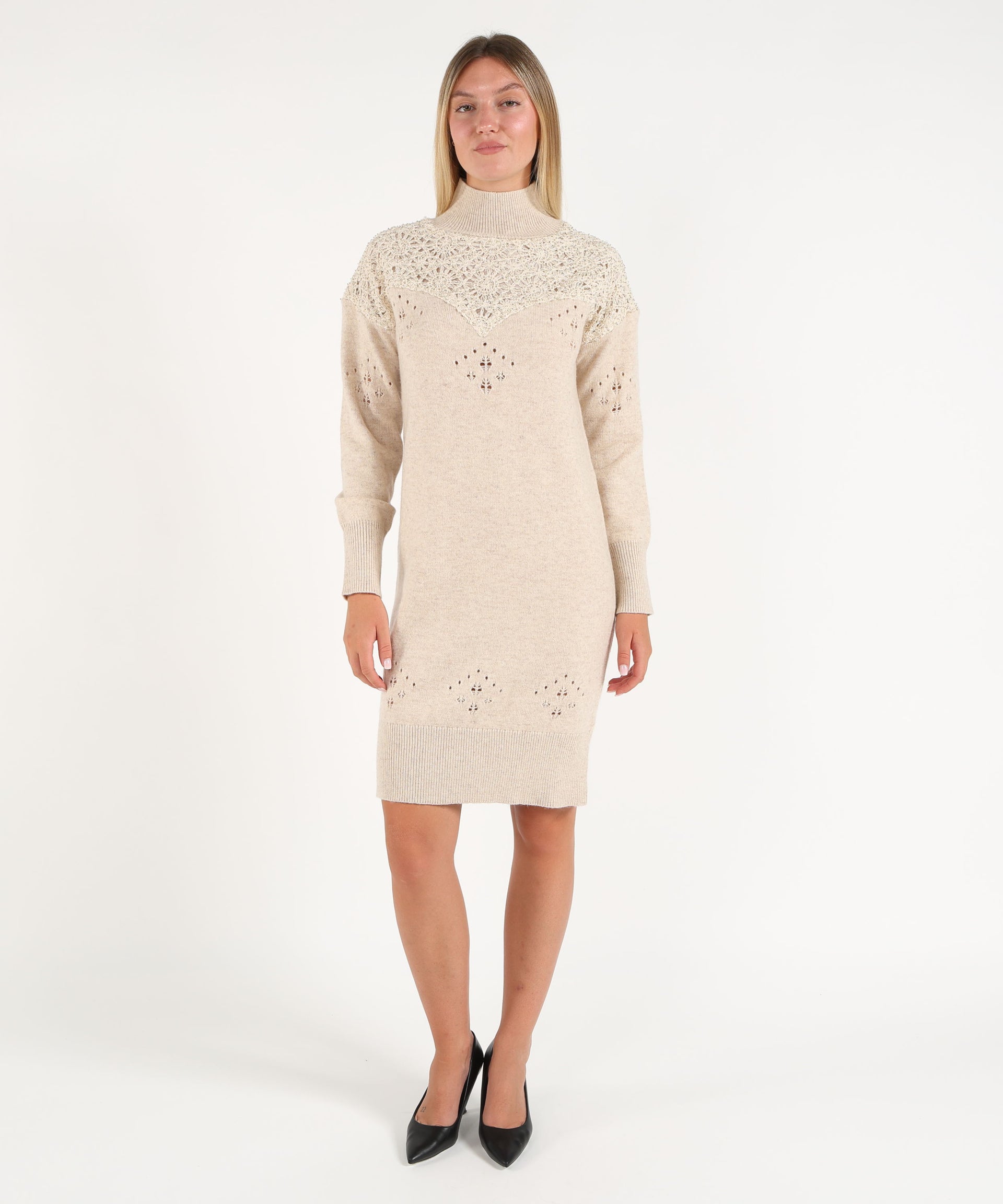 Amosa Abito Midi in Maglia con Collo Alto e Ricami