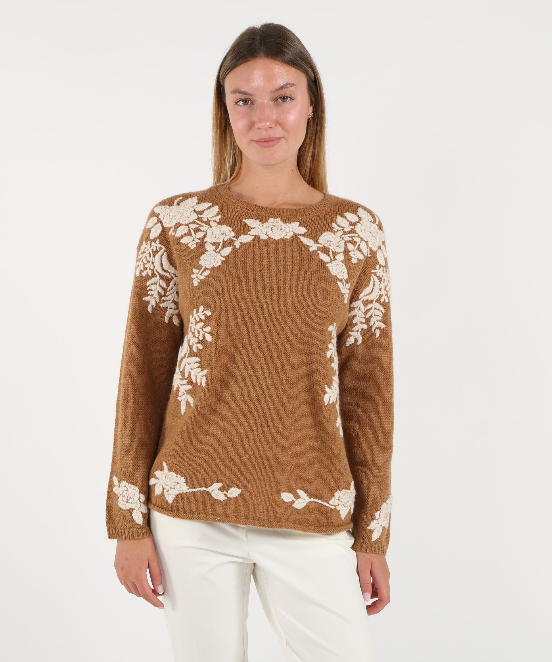 Amosa Maglione Donna Girocollo con Ricamo Floreale