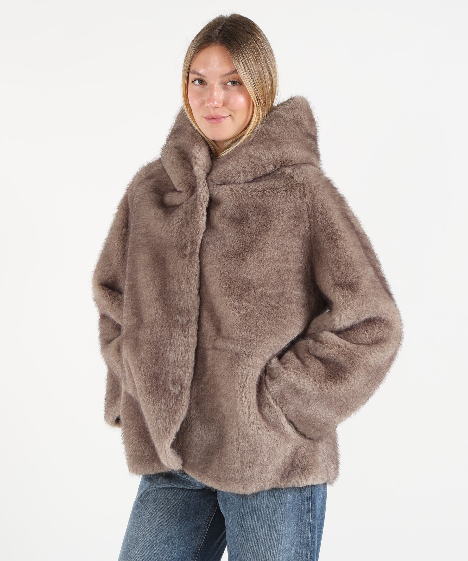Pellicce BULLY Eco pelliccia con cappuccio Taupe | BULLY