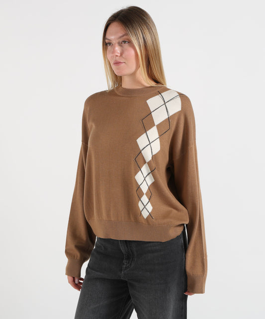Maglie LIUJO WHITE Maglia con intarsio geometrico Cammello | LIUJO WHITE