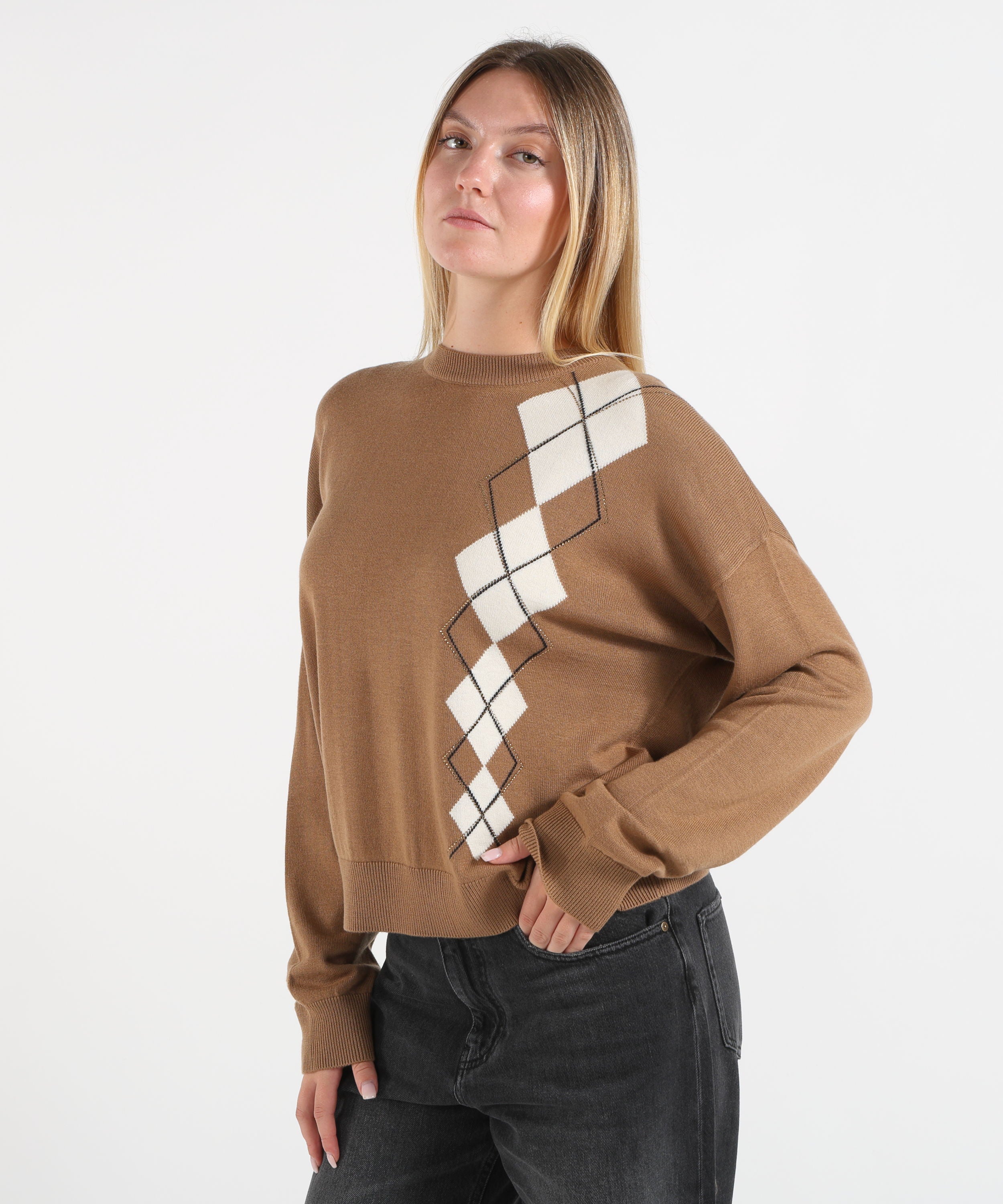 Maglie LIUJO WHITE Maglia con intarsio geometrico Cammello | LIUJO WHITE