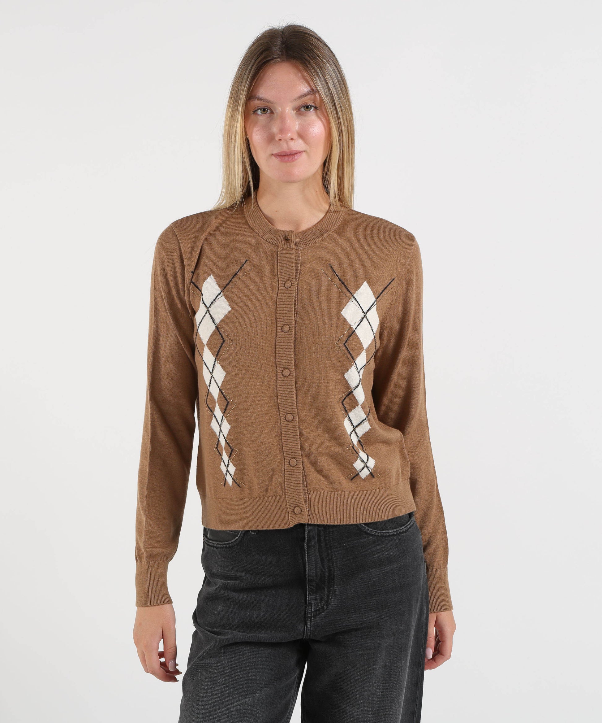 Cardigan LIUJO WHITE Cardigan in lana con Argyle Cammello | LIUJO WHITE