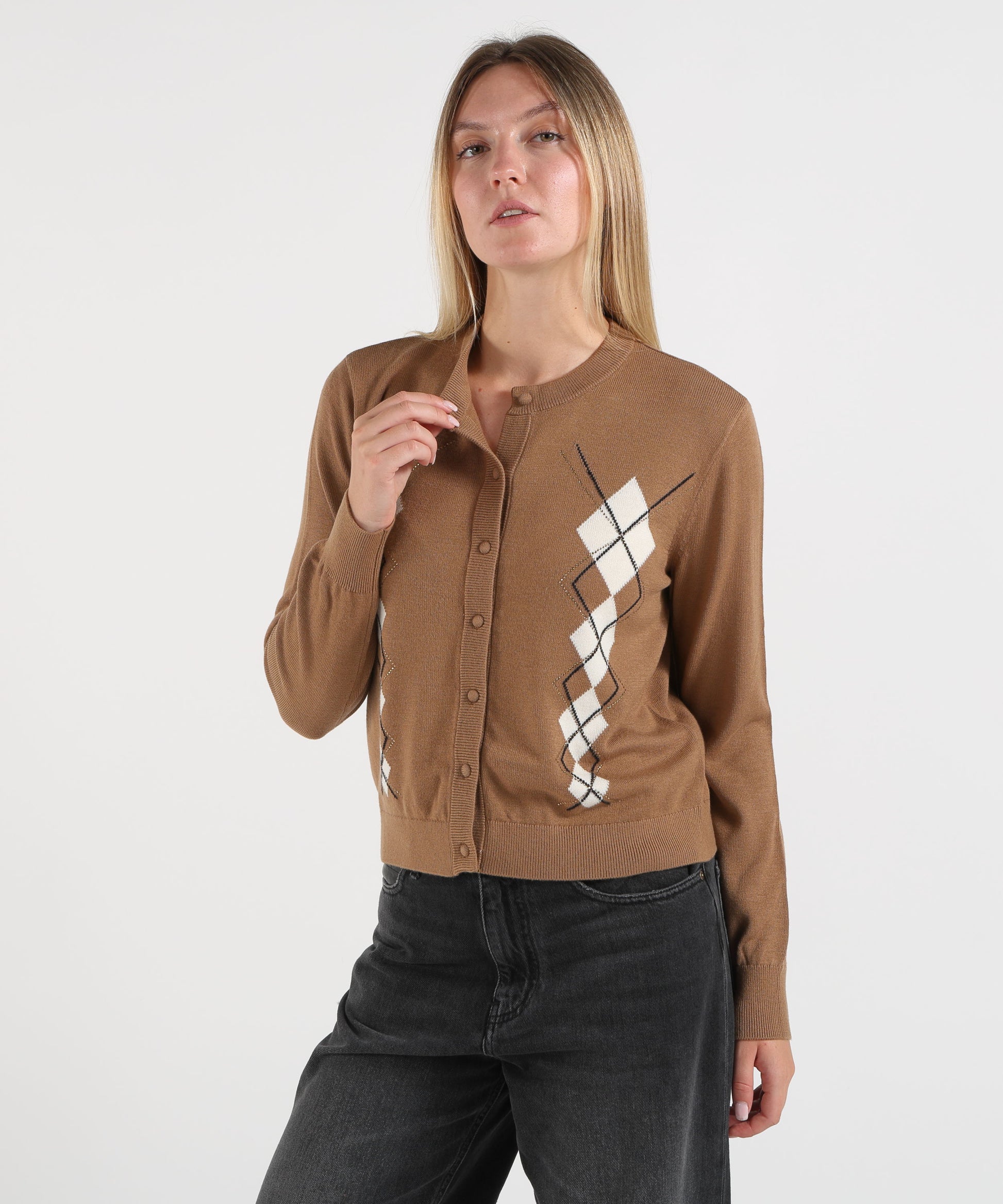 Cardigan LIUJO WHITE Cardigan in lana con Argyle Cammello | LIUJO WHITE