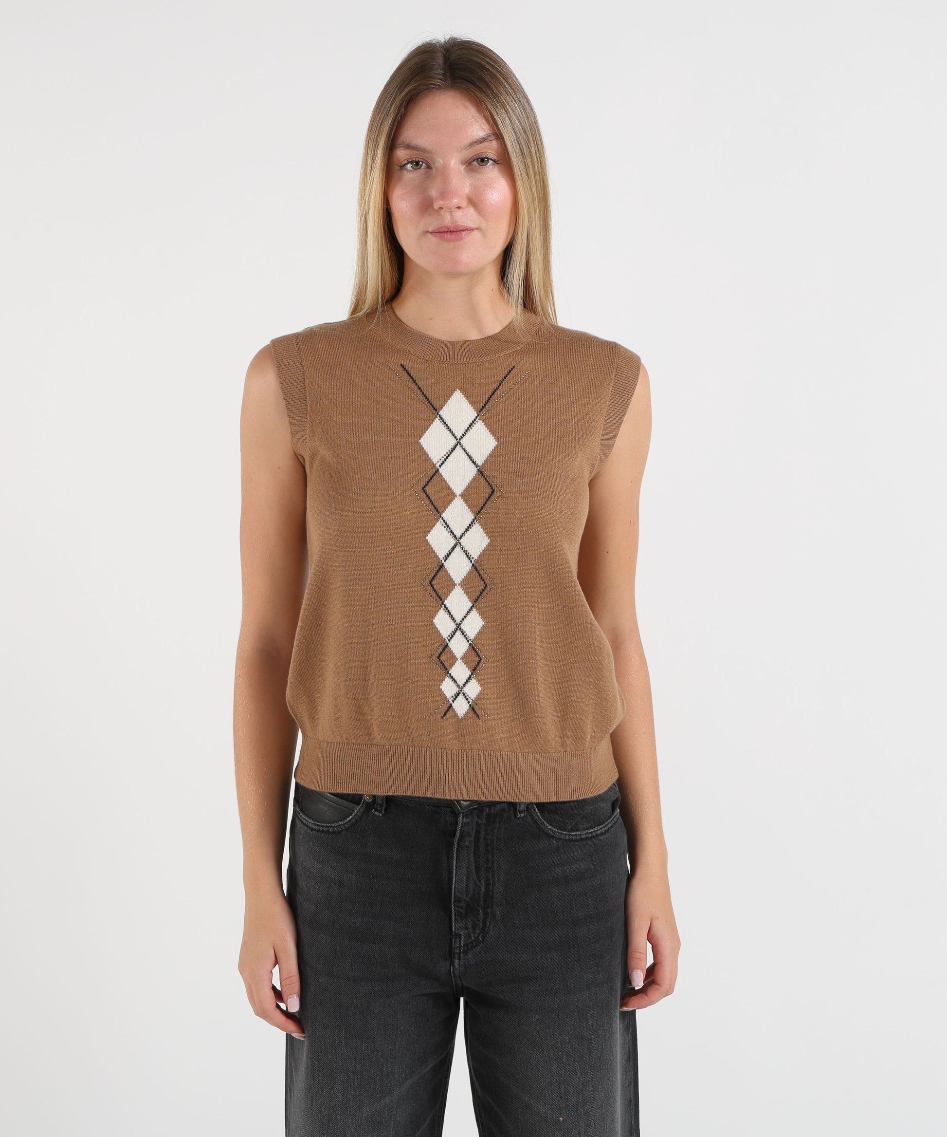 Gilet LIUJO WHITE Gilet in lana con Argyle Cammello | LIUJO WHITE
