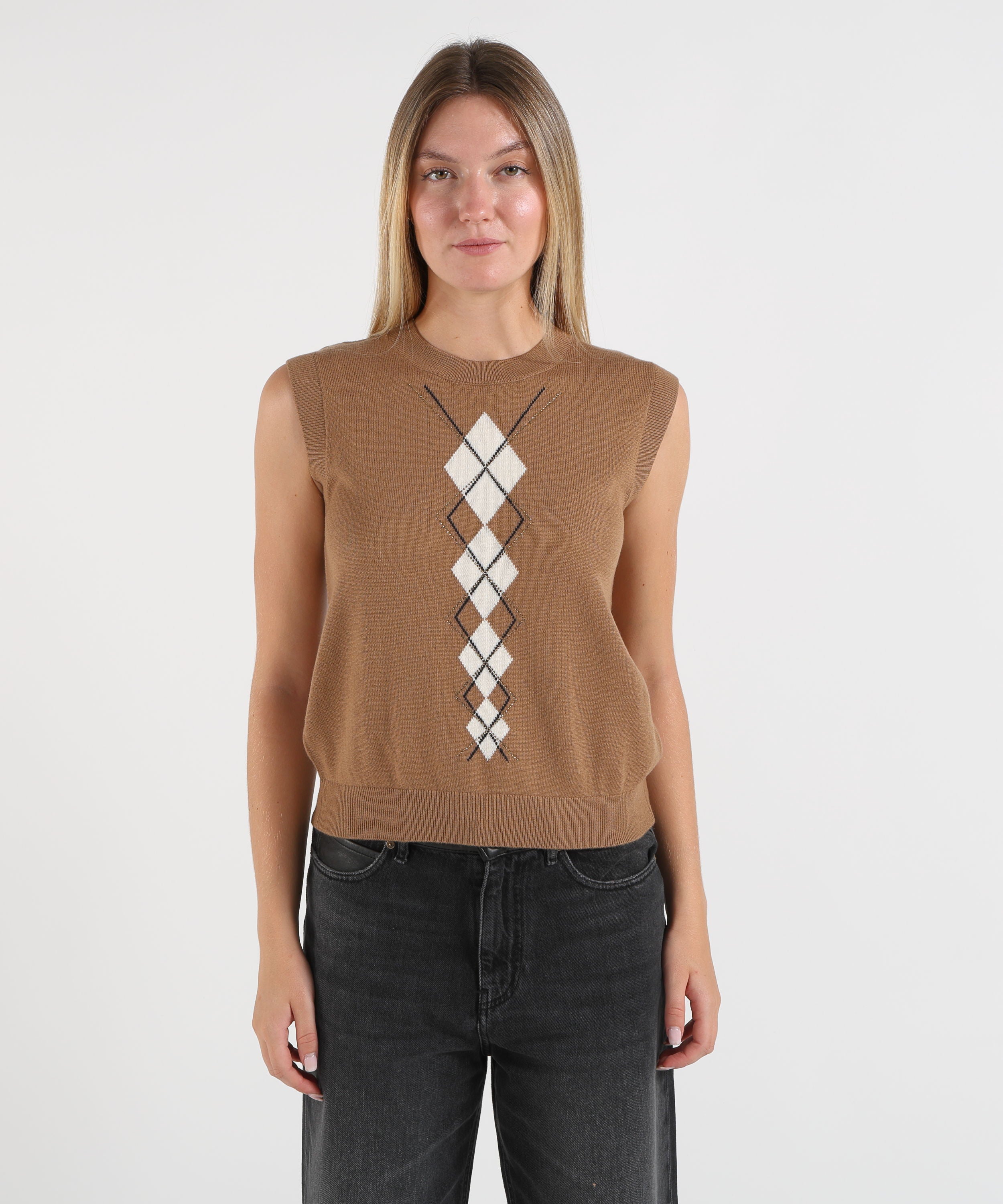 Gilet LIUJO WHITE Gilet in lana con Argyle Cammello | LIUJO WHITE