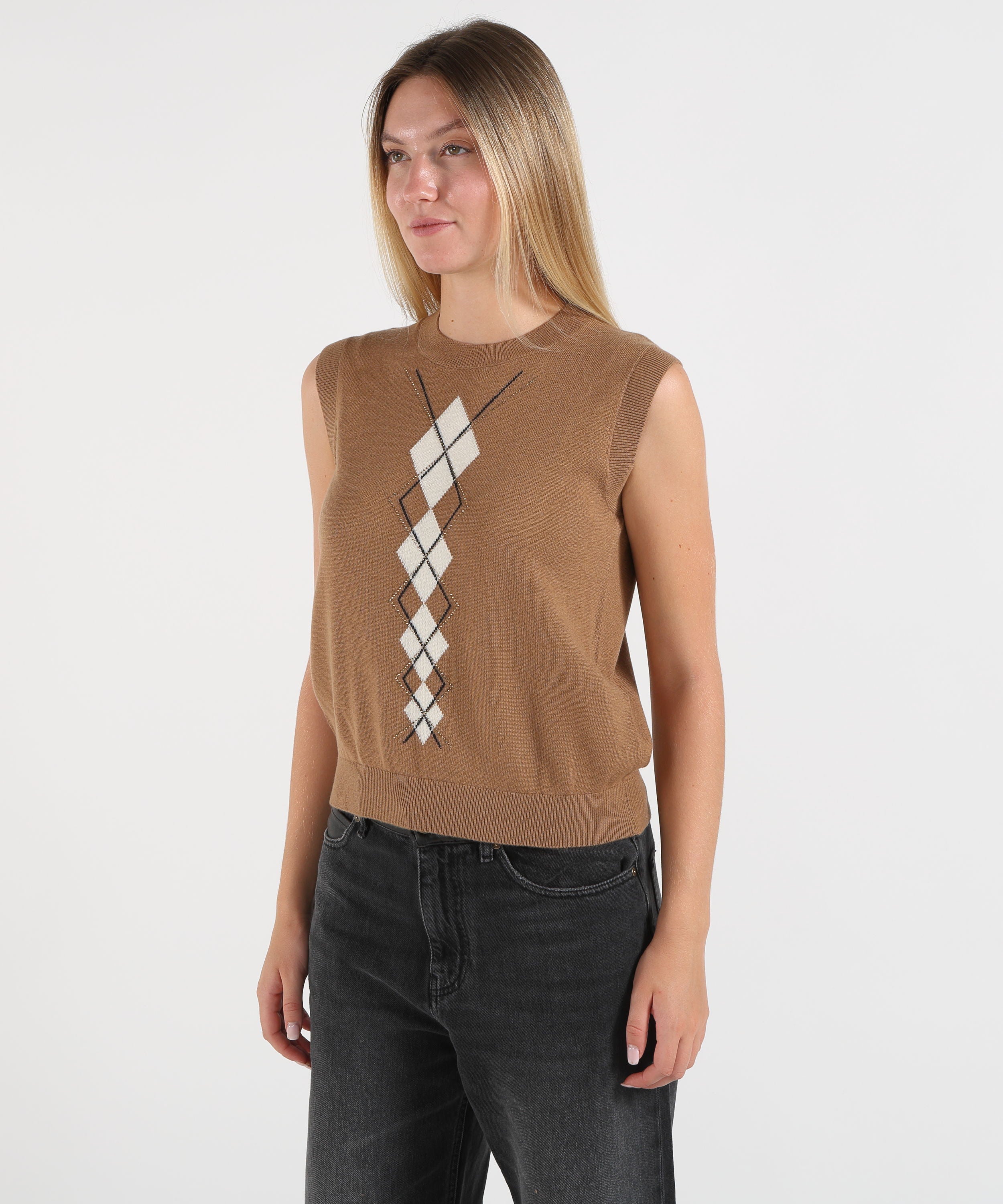 Gilet LIUJO WHITE Gilet in lana con Argyle Cammello | LIUJO WHITE
