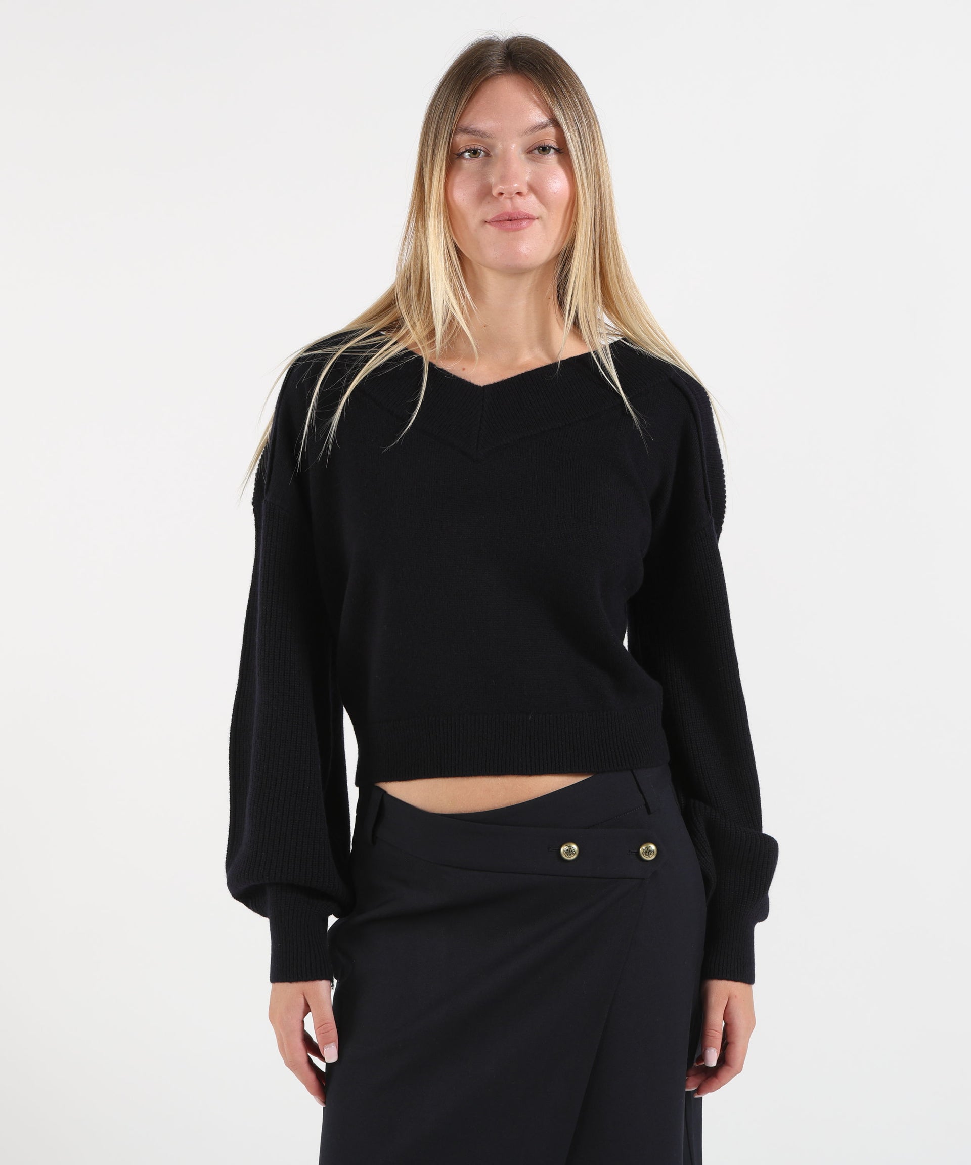 PINKO Maglia cropped in lana con maniche a palloncino