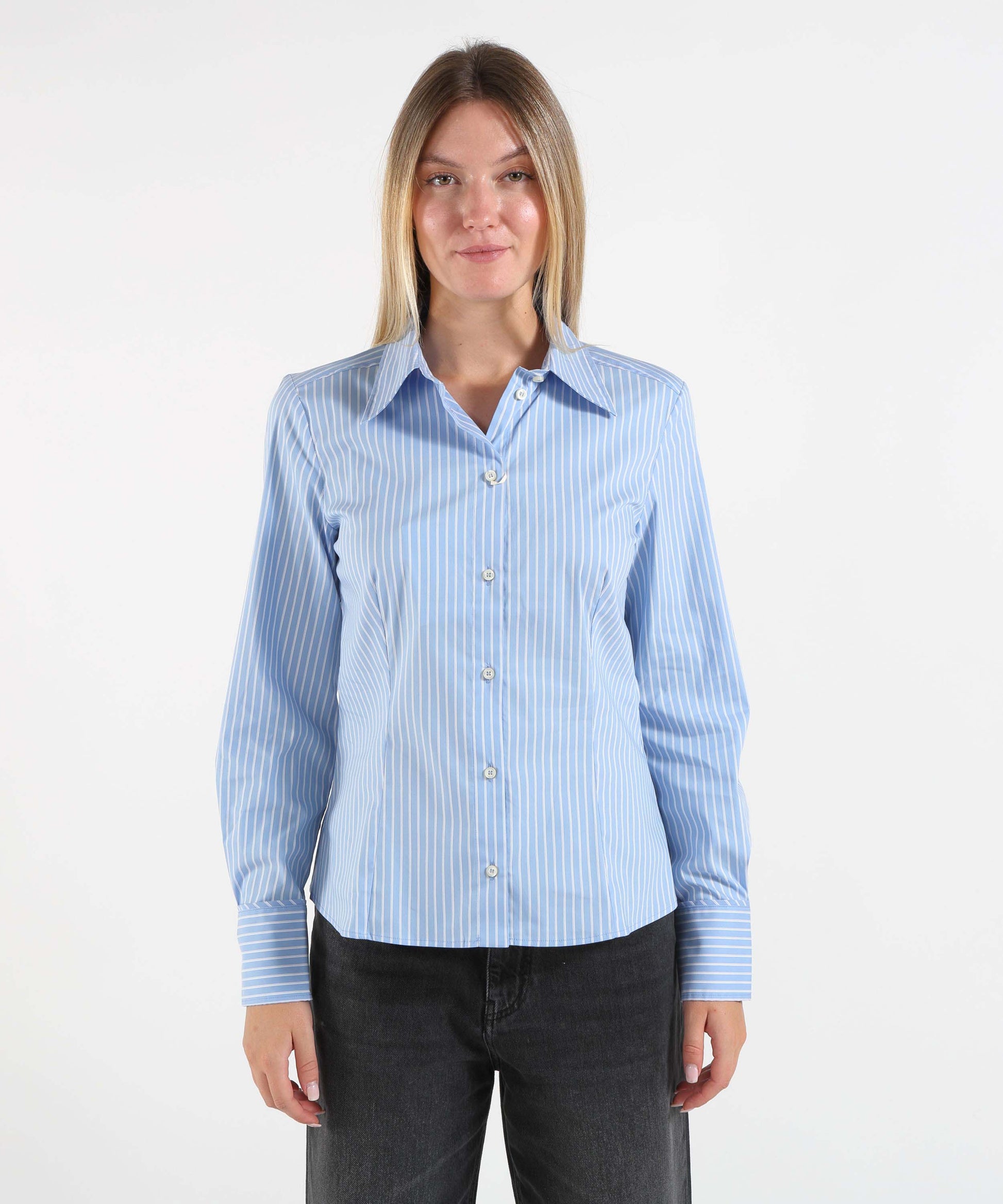 Camicie PENNYBLACK Camicia Donna Slim Fit in Popeline Stretch Riga azzurra | PENNYBLACK
