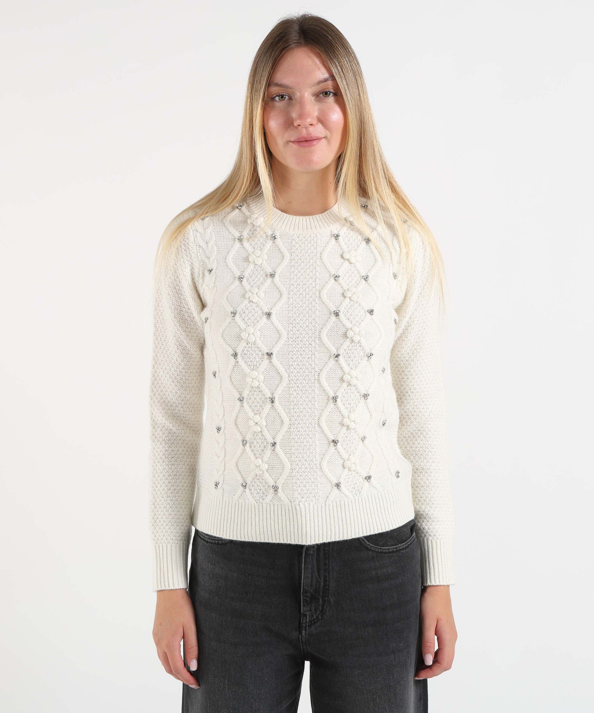 Maglie PENNYBLACK Maglia Donna in Blend di Lana con Losanghe e Strass Avorio | PENNYBLACK