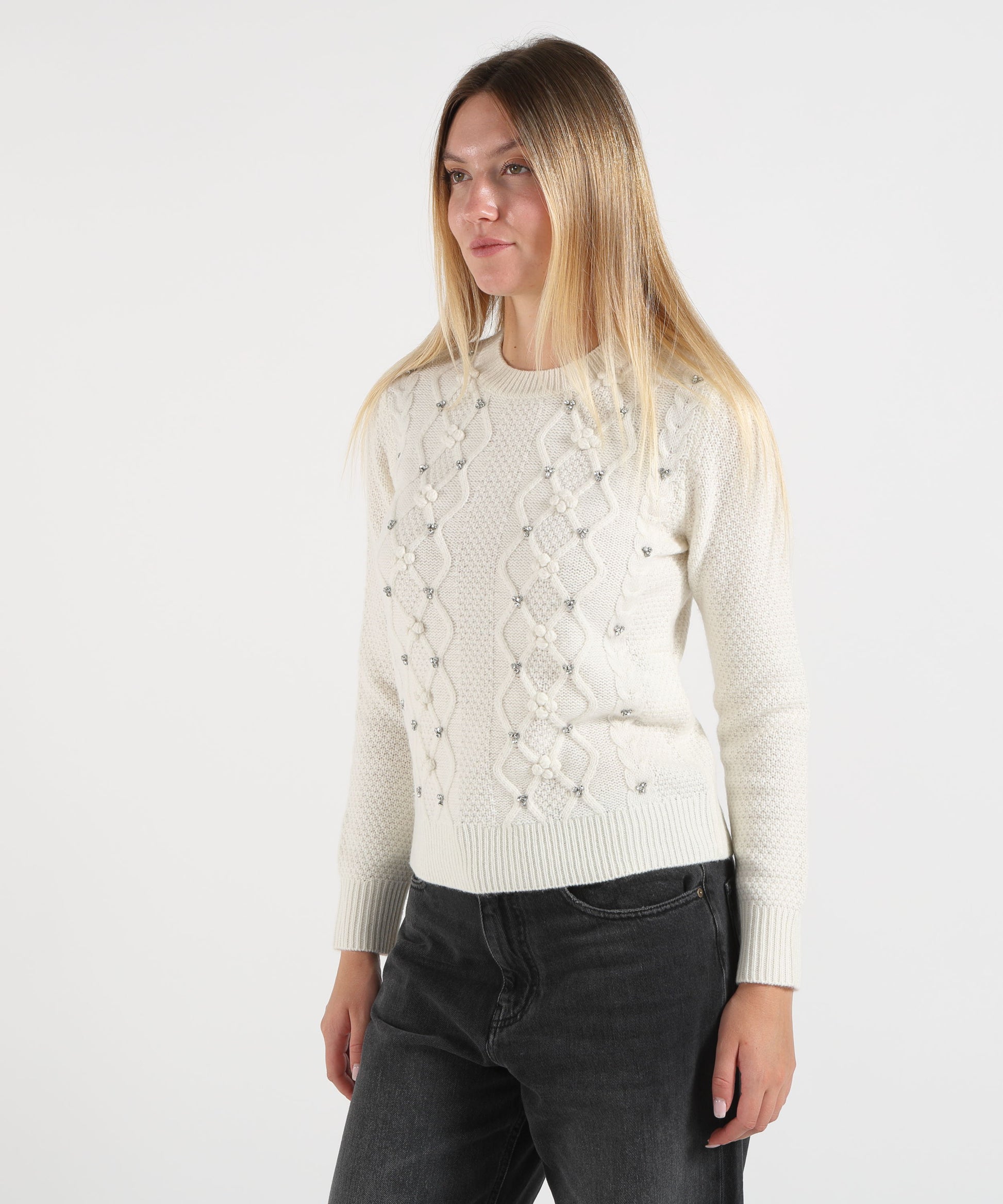 Maglie PENNYBLACK Maglia Donna in Blend di Lana con Losanghe e Strass Avorio | PENNYBLACK