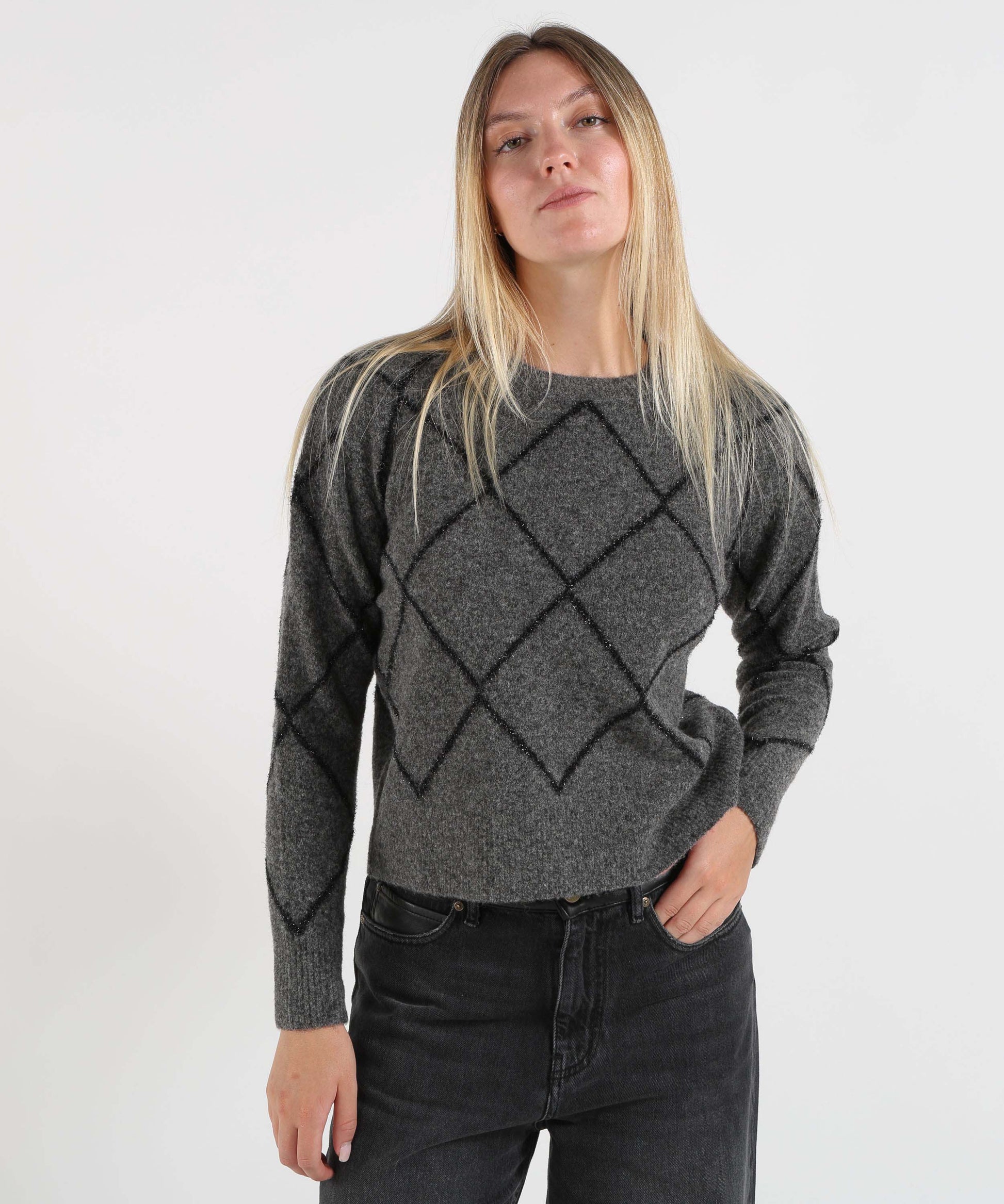 Maglie PENNYBLACK Maglia Donna in Blend di Lana e Alpaca con Intarsio Lurex Grigio | PENNYBLACK