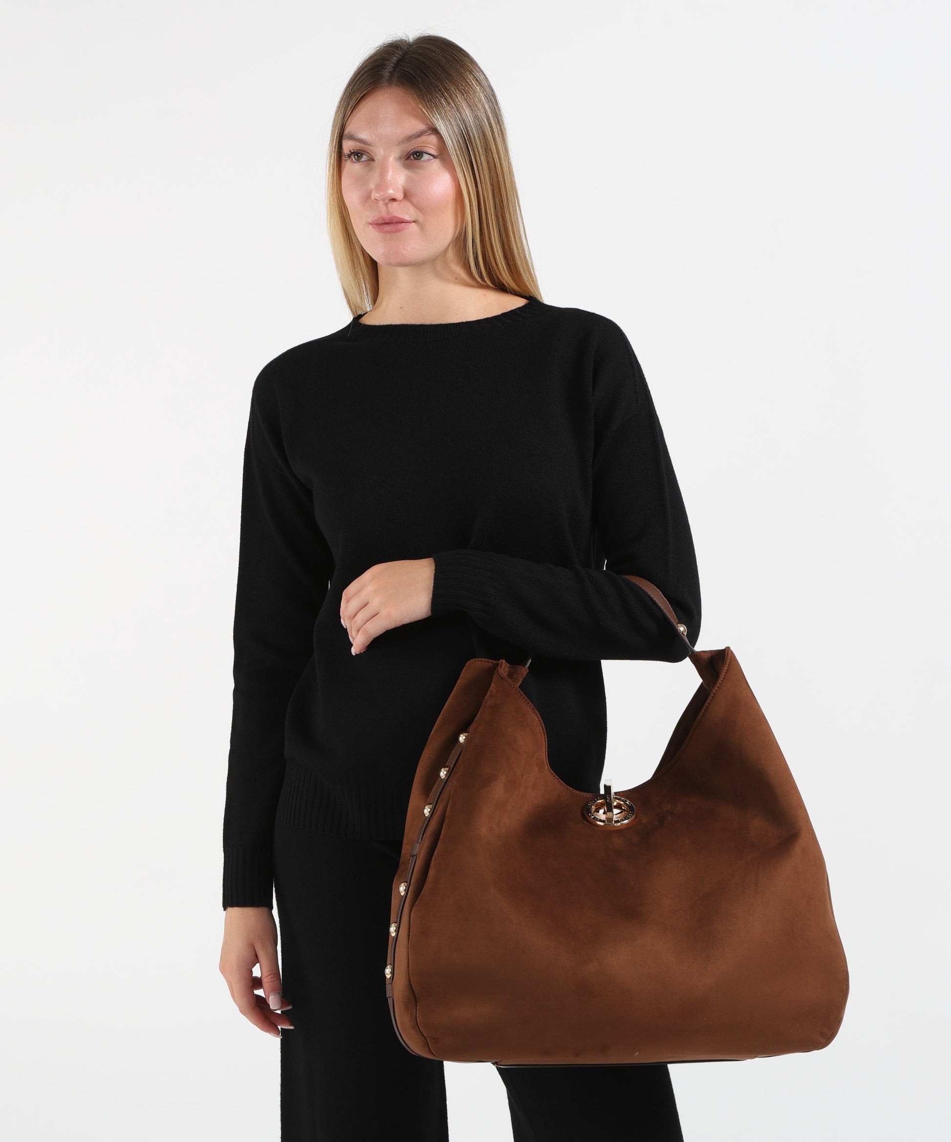 Borse LIUJO ACCESSORI Borsa hobo grande con borchie Tabacco | LIUJO ACCESSORI