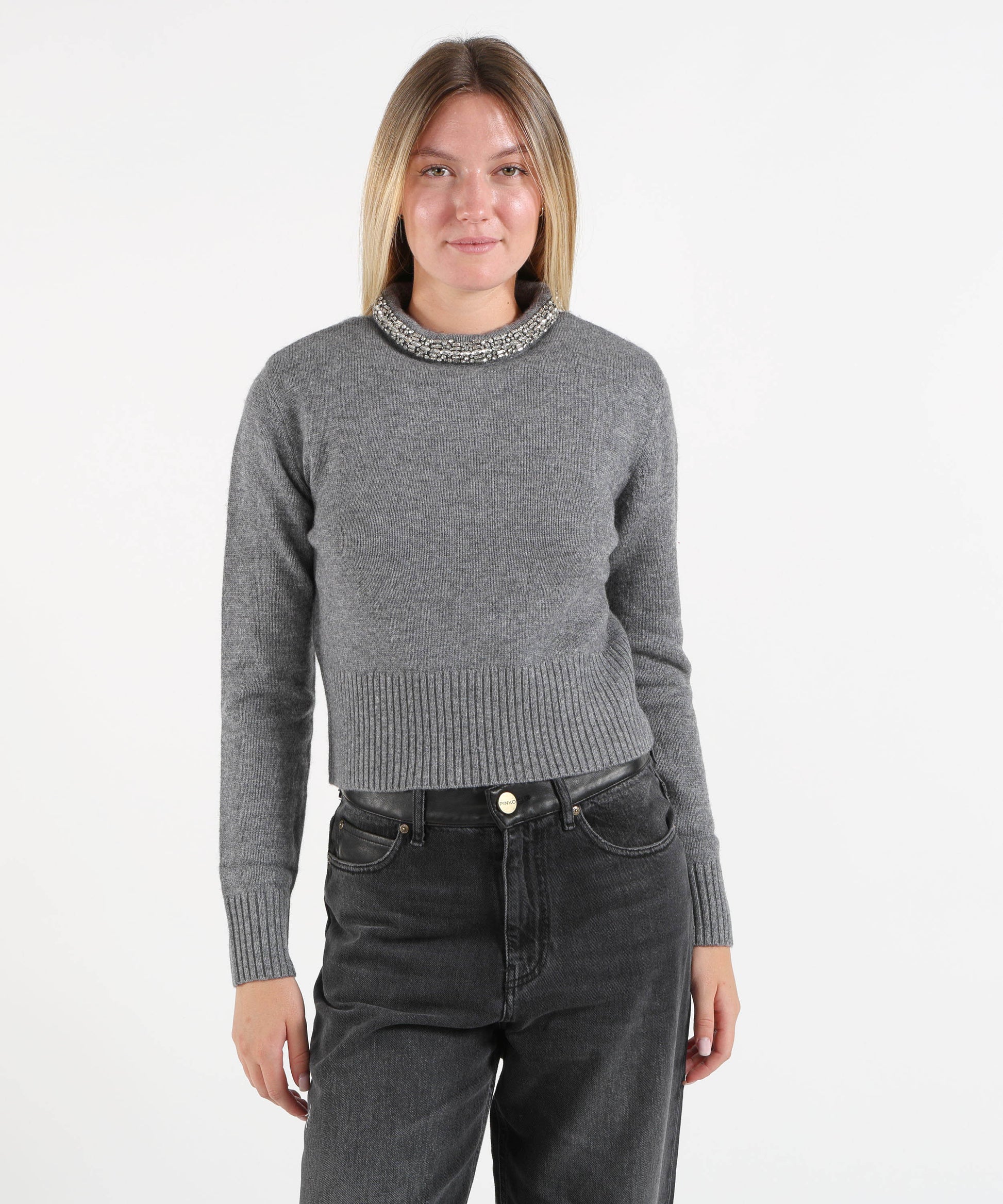 Maglie PINKO Maglia in misto lana con collo gioiello Grigio | PINKO