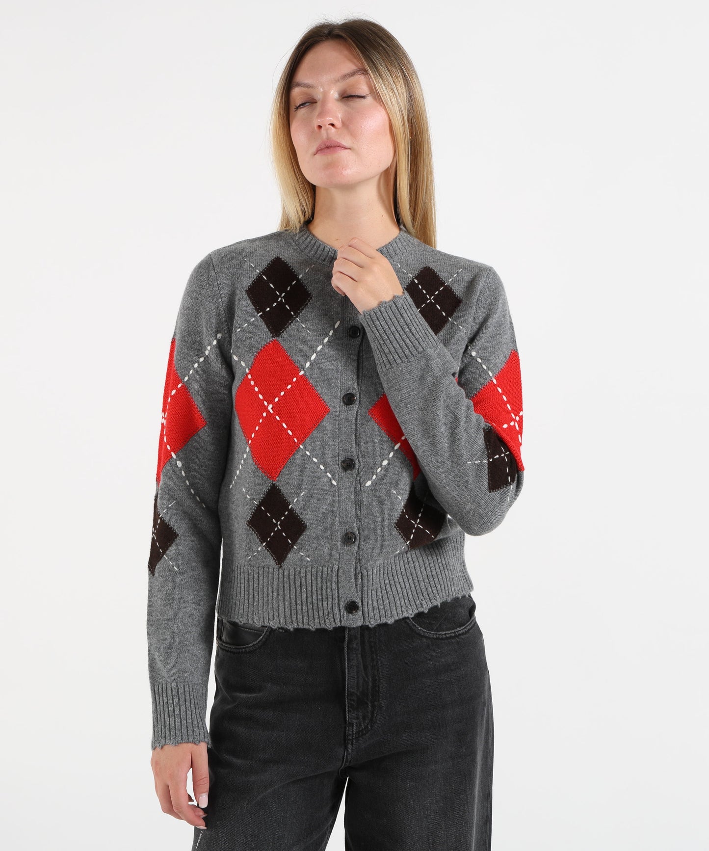 PINKO Cardigan girocollo in lana e cashmere a rombi