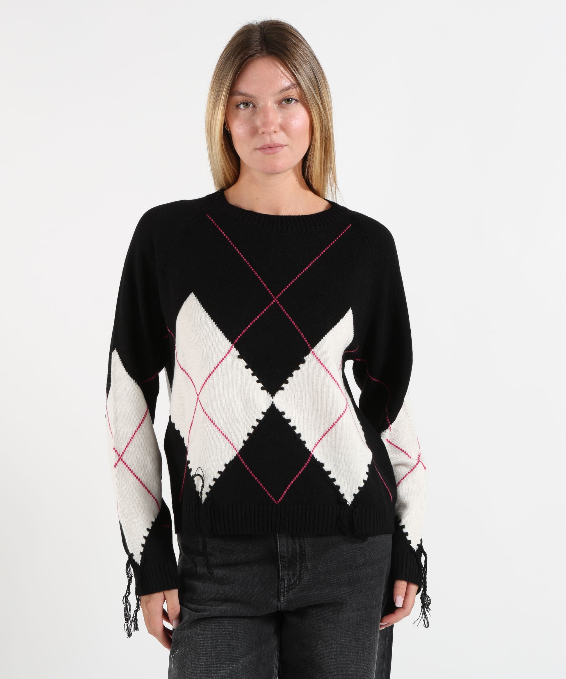 Maglie PINKO Maglione in lana e cashmere con maxi rombi Bianco/nero | PINKO
