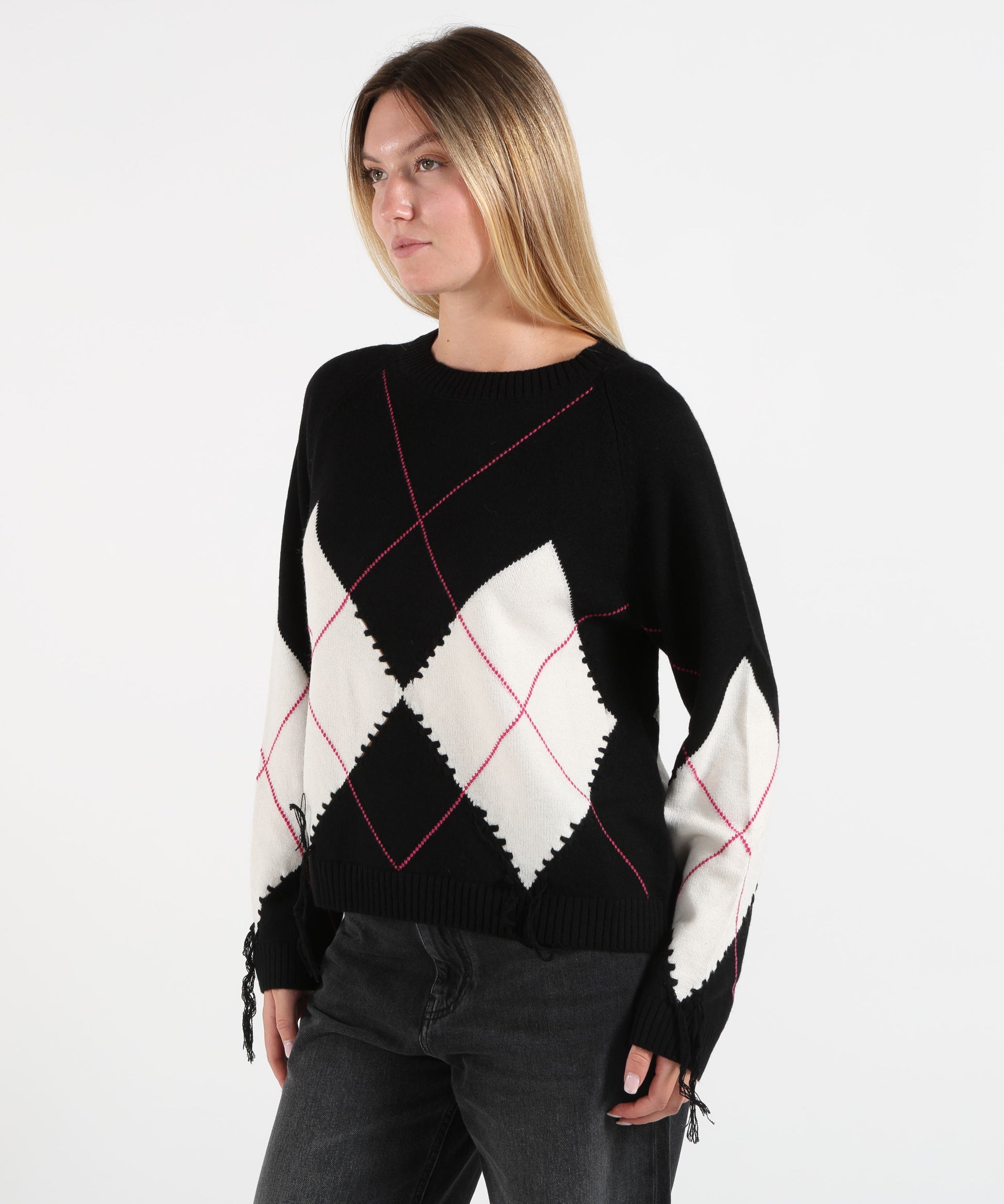 Maglie PINKO Maglione in lana e cashmere con maxi rombi Bianco/nero | PINKO