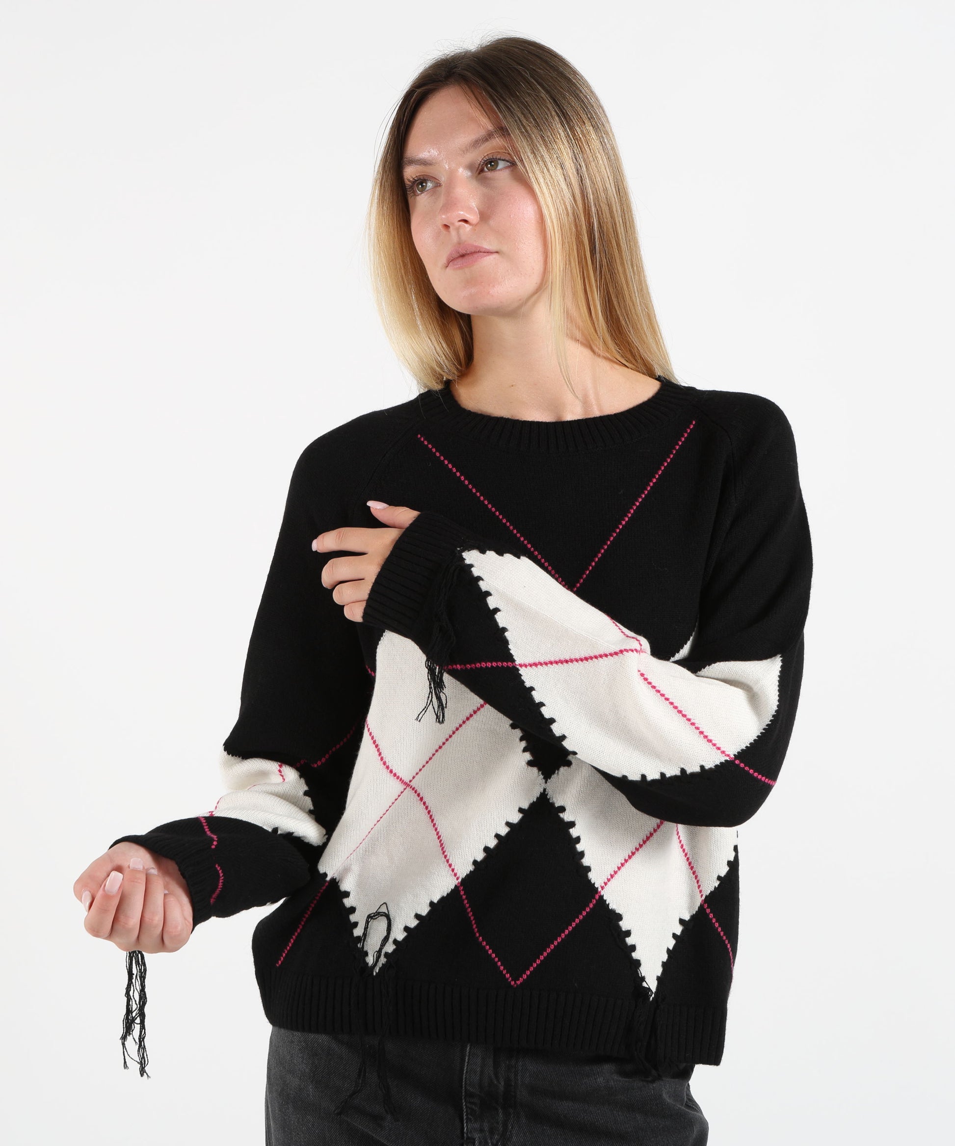 Maglie PINKO Maglione in lana e cashmere con maxi rombi Bianco/nero | PINKO