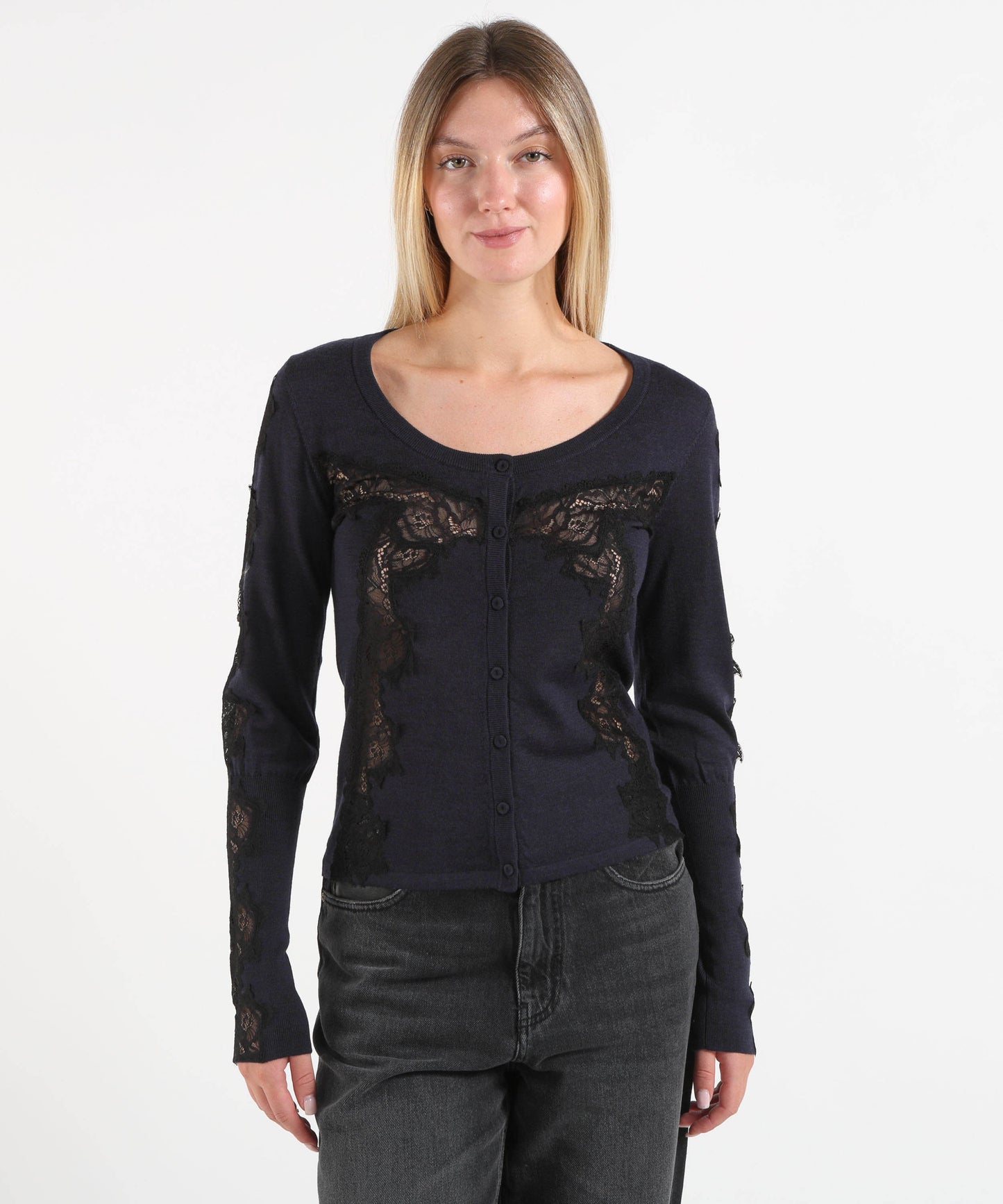 PINKO Cardigan in lana con inserti in pizzo