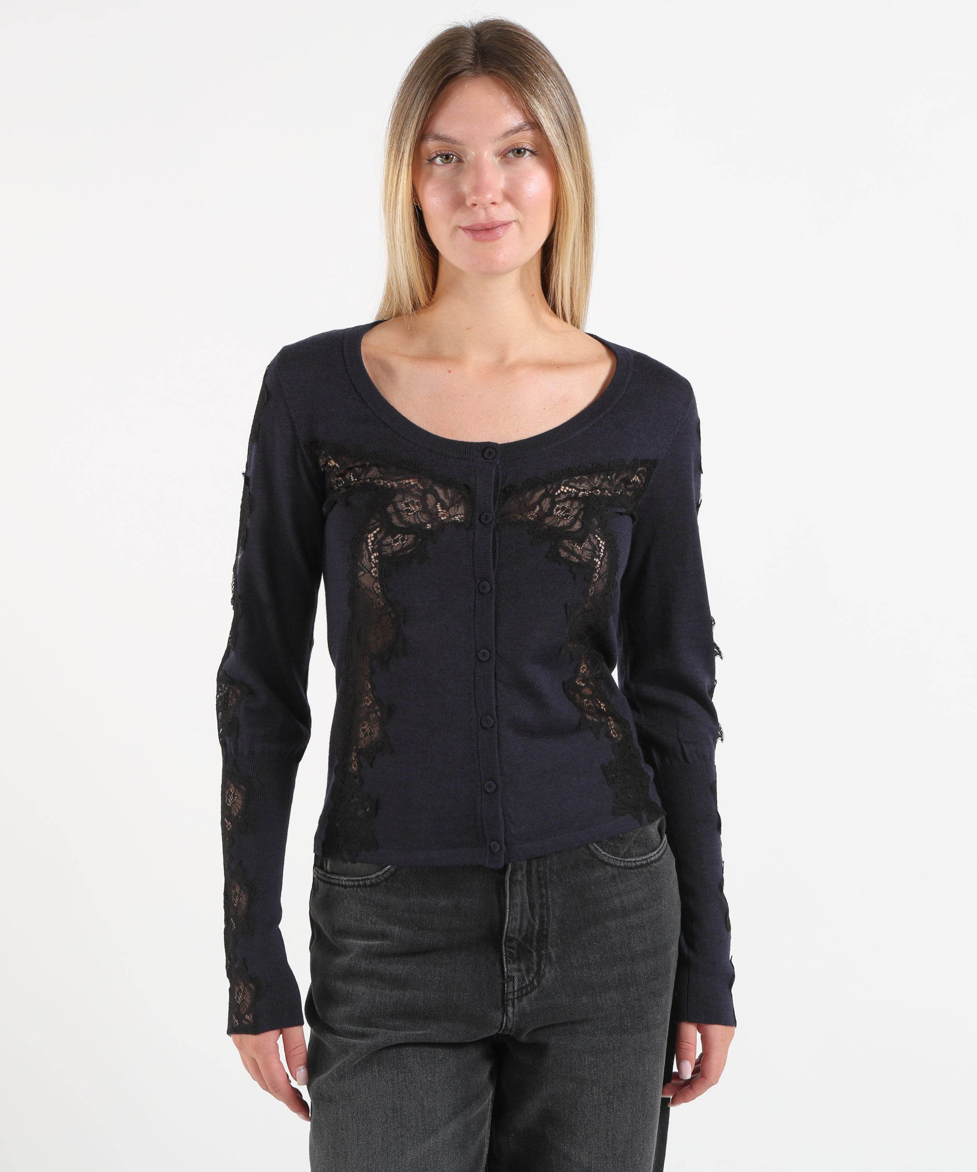 PINKO Cardigan in lana con inserti in pizzo