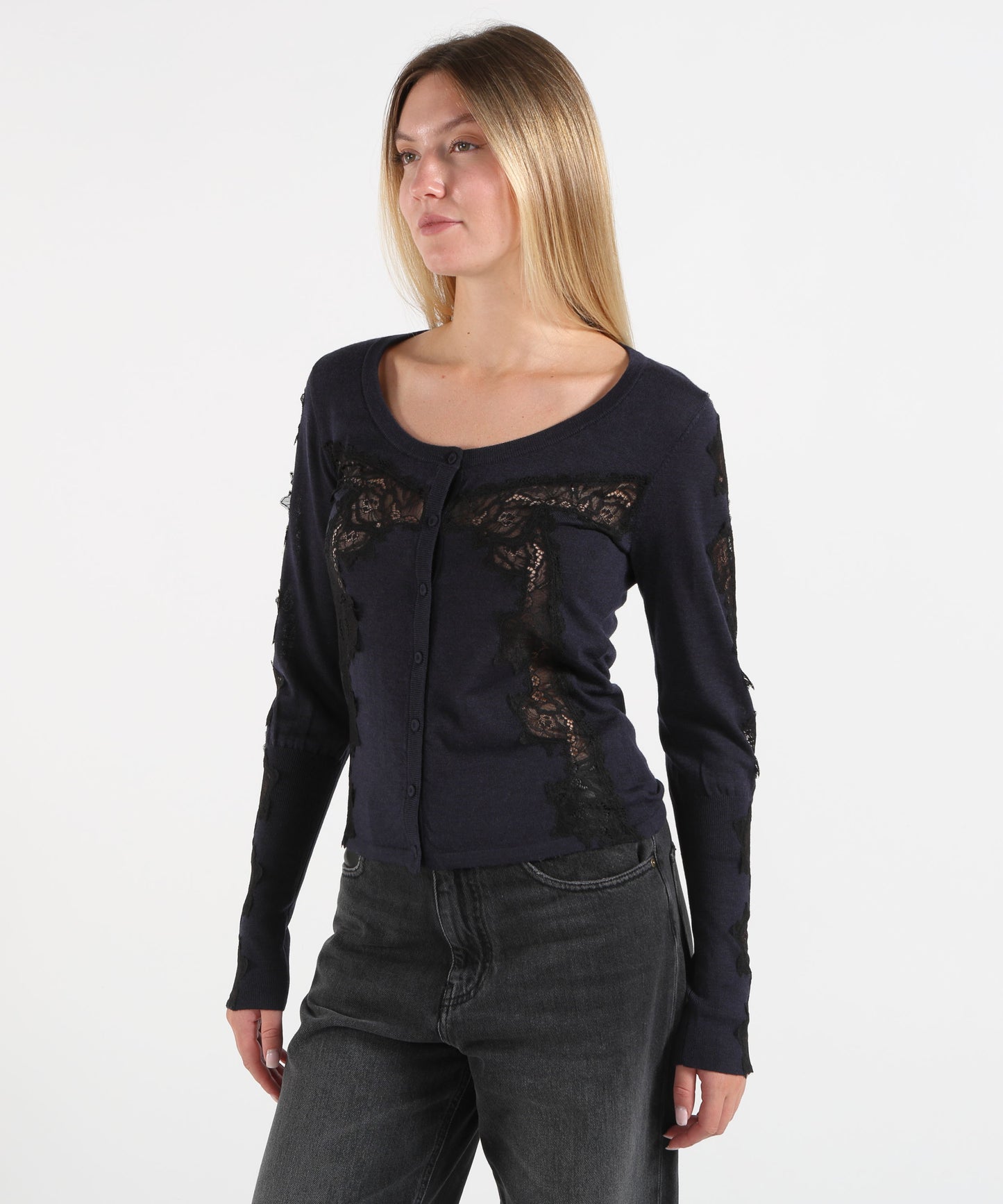 PINKO Cardigan in lana con inserti in pizzo