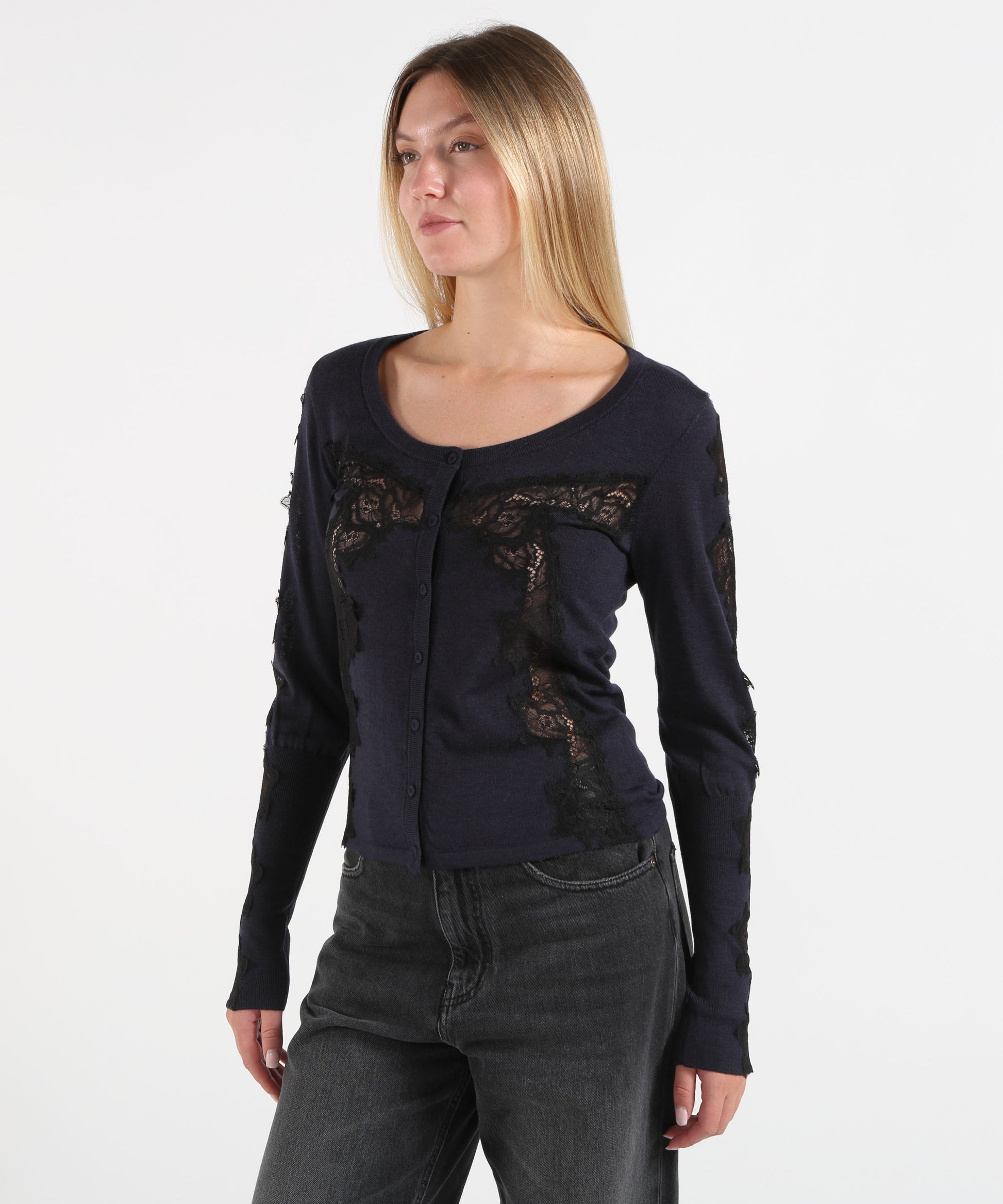 Cardigan PINKO Cardigan in lana con inserti in pizzo Blu | PINKO