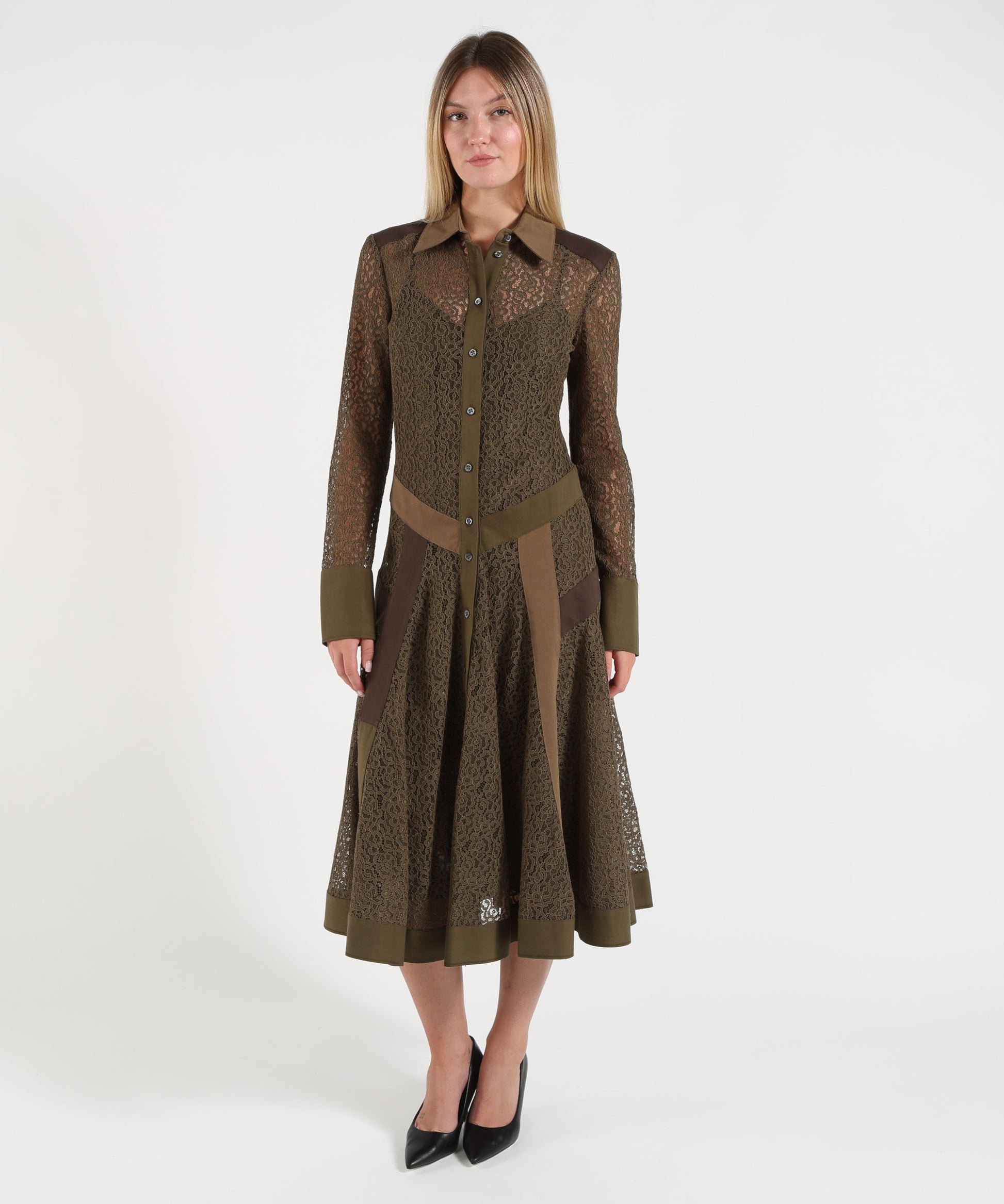 Abiti PINKO Abito midi chemisier in pizzo con inserti Verde | PINKO
