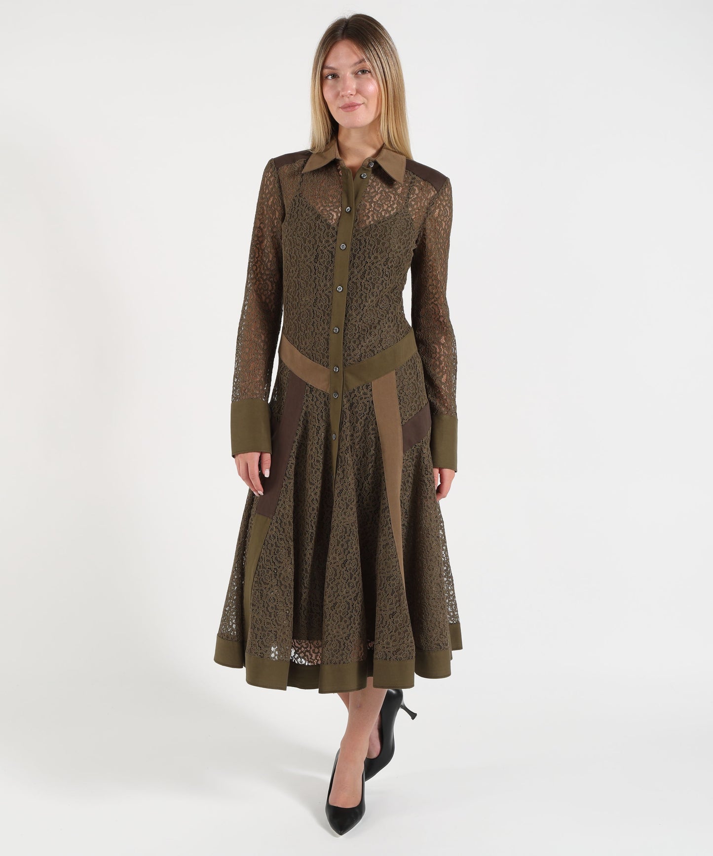 PINKO Abito midi chemisier in pizzo con inserti