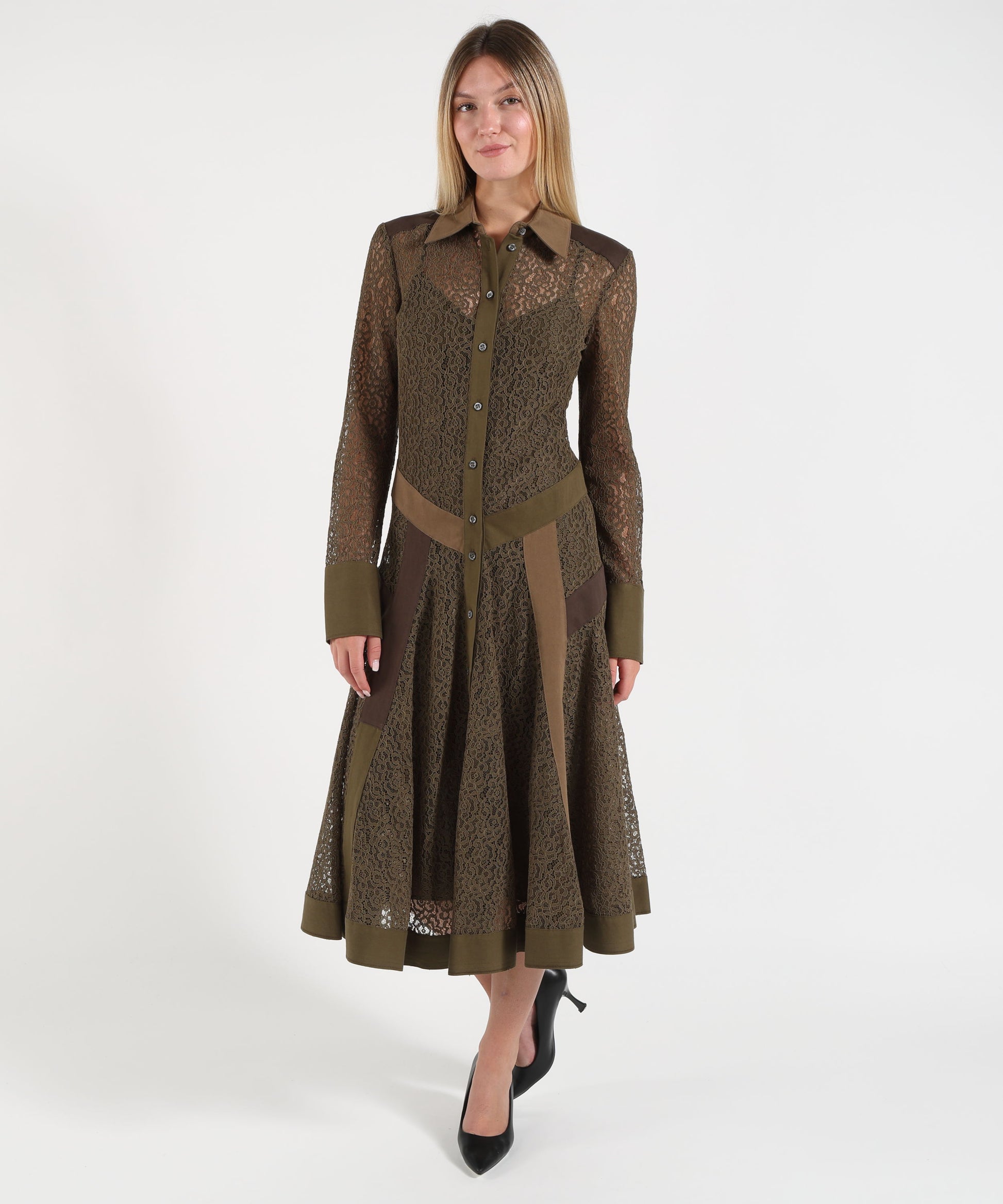 Abiti PINKO Abito midi chemisier in pizzo con inserti Verde | PINKO