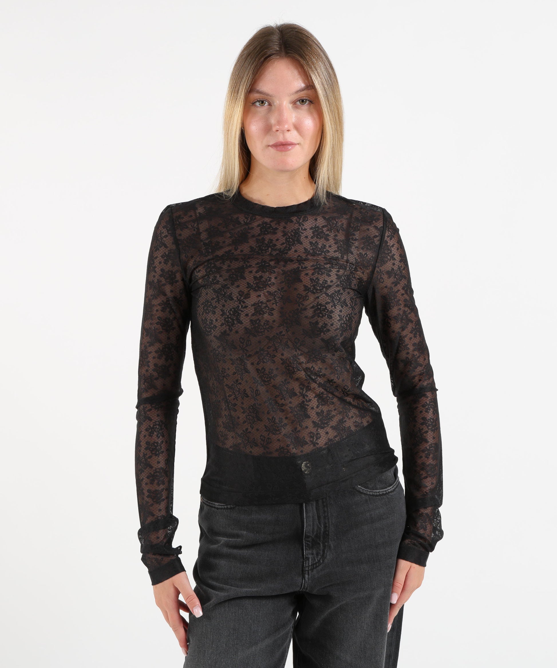 Maglie PINKO Maglia in pizzo stretch floreale Nero | PINKO
