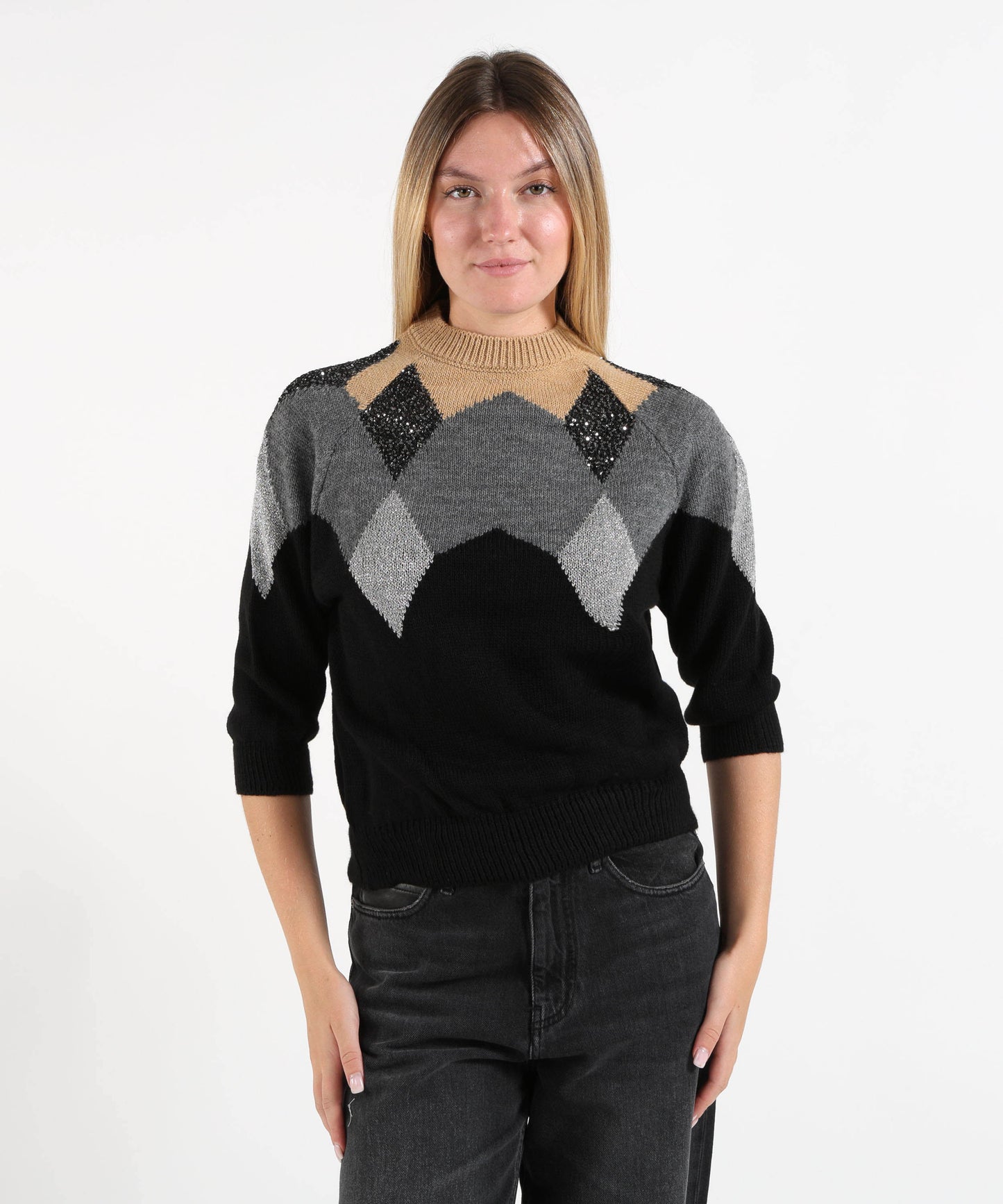 KAOS Maglione Donna a Collo Alto con Rombi
