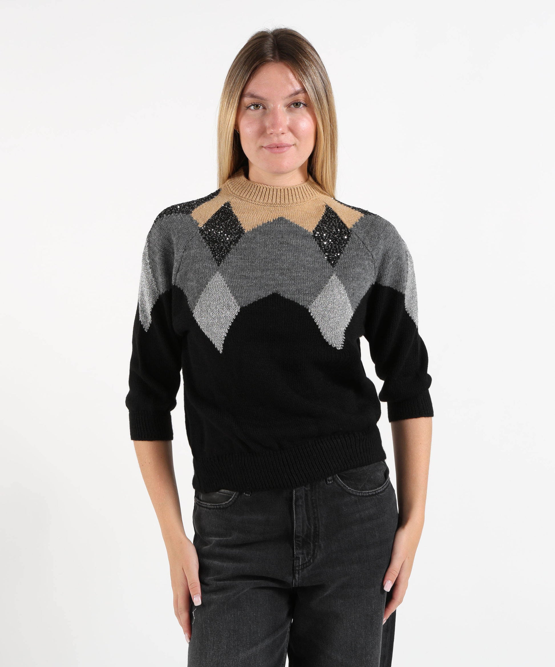 Maglie KAOS Maglione Donna a Collo Alto con Rombi Cammello/nero | KAOS