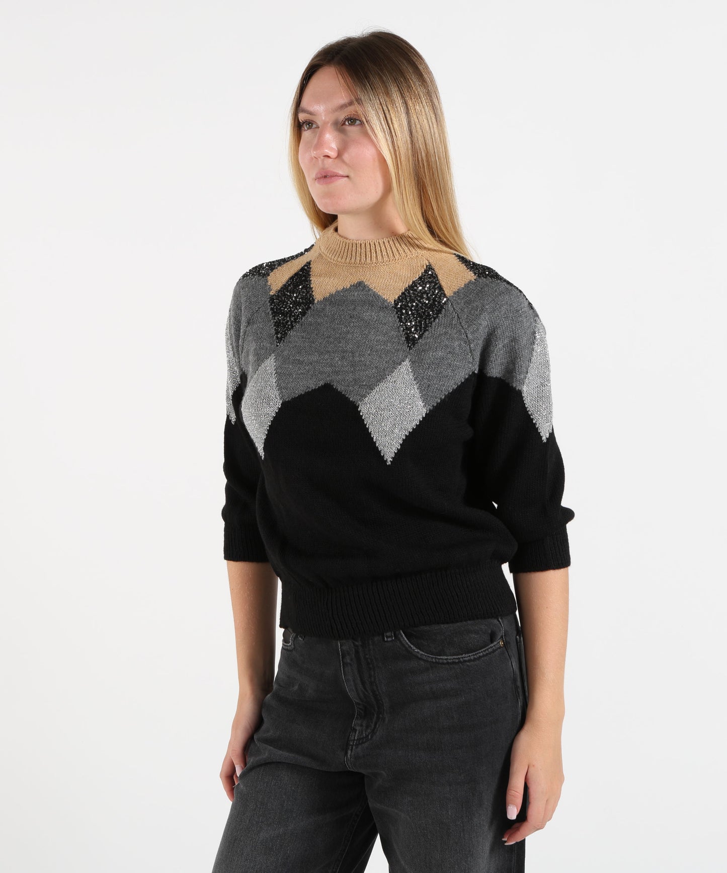KAOS Maglione Donna a Collo Alto con Rombi