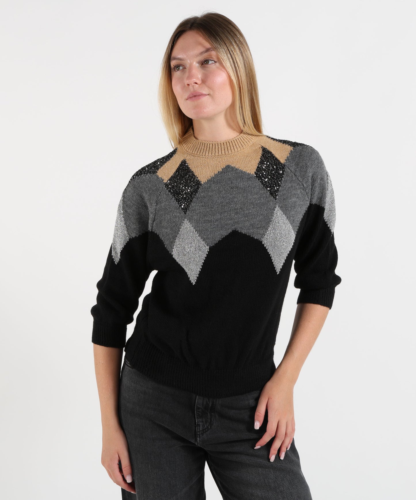 KAOS Maglione Donna a Collo Alto con Rombi