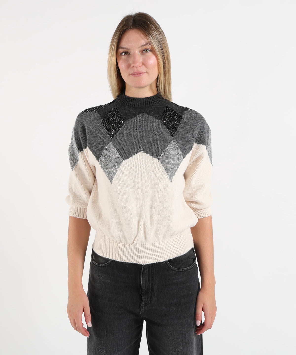 KAOS Women’s High-Neck Sweater with Argyle Pattern