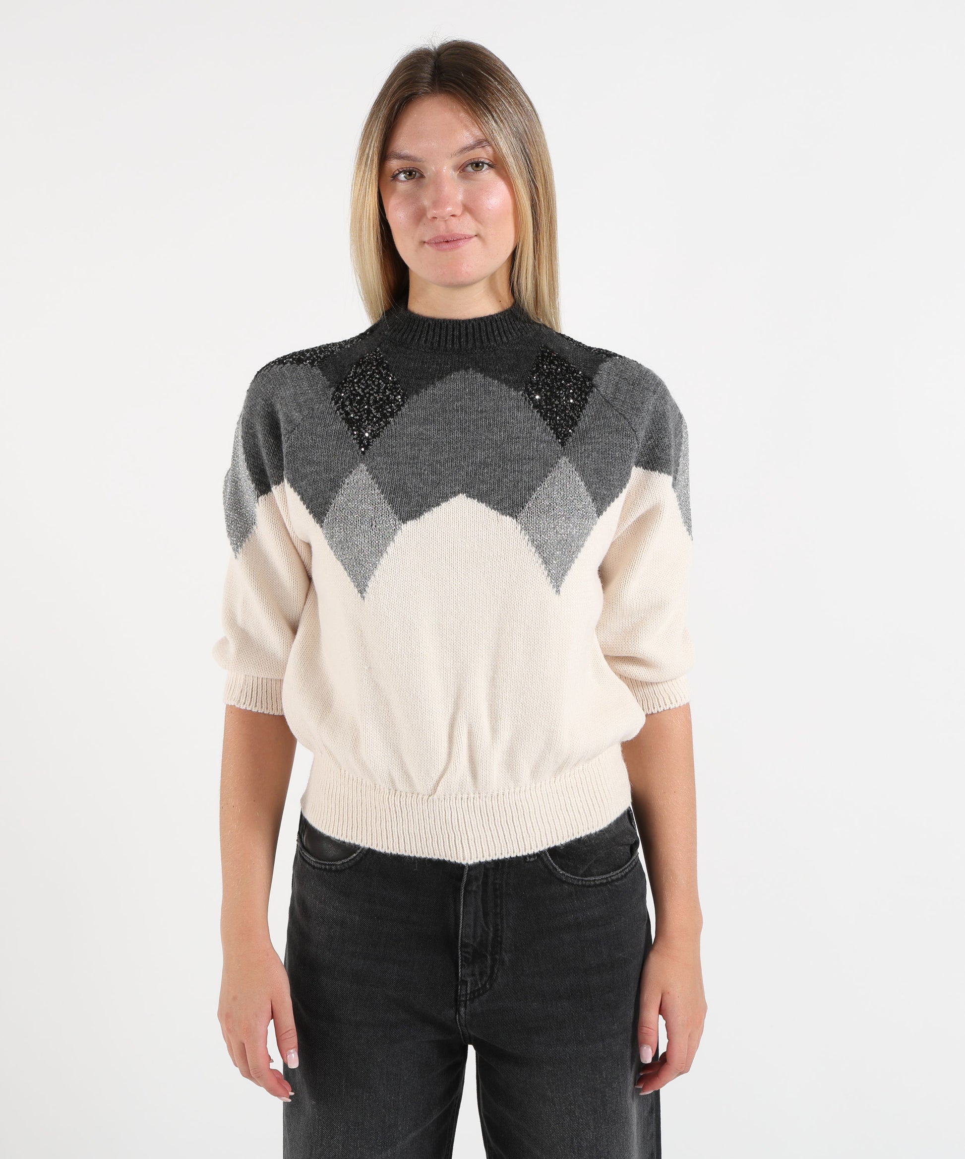 Knitwear KAOS Women’s High-Neck Sweater with Argyle Pattern Grigio/panna | KAOS