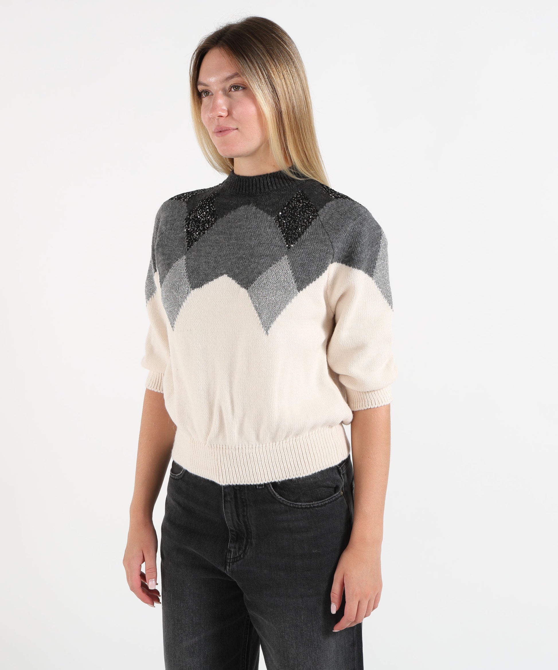 Knitwear KAOS Women’s High-Neck Sweater with Argyle Pattern Grigio/panna | KAOS
