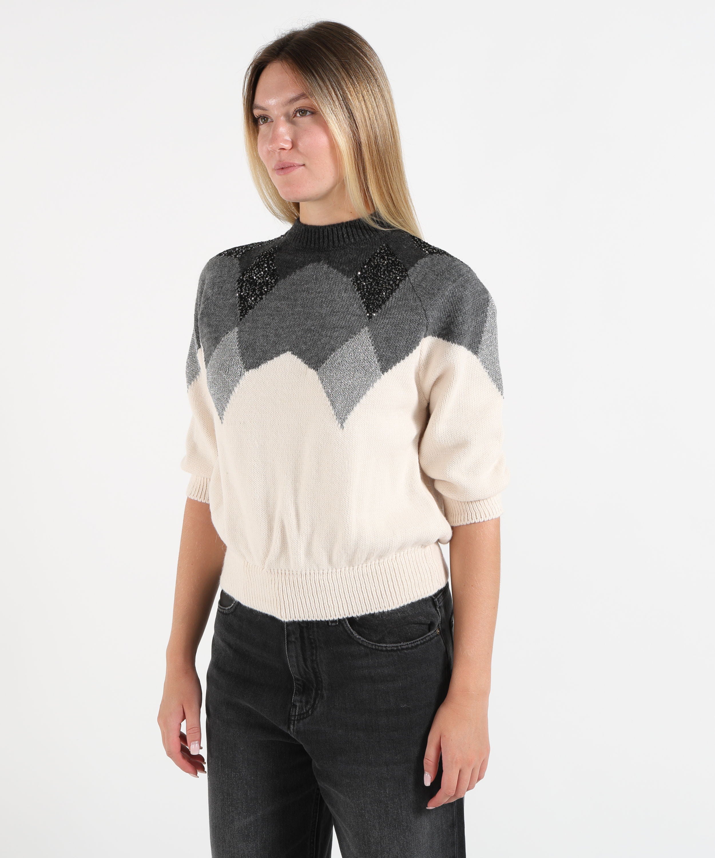 Maglie KAOS Maglione Donna a Collo Alto con Rombi Grigio/panna | KAOS