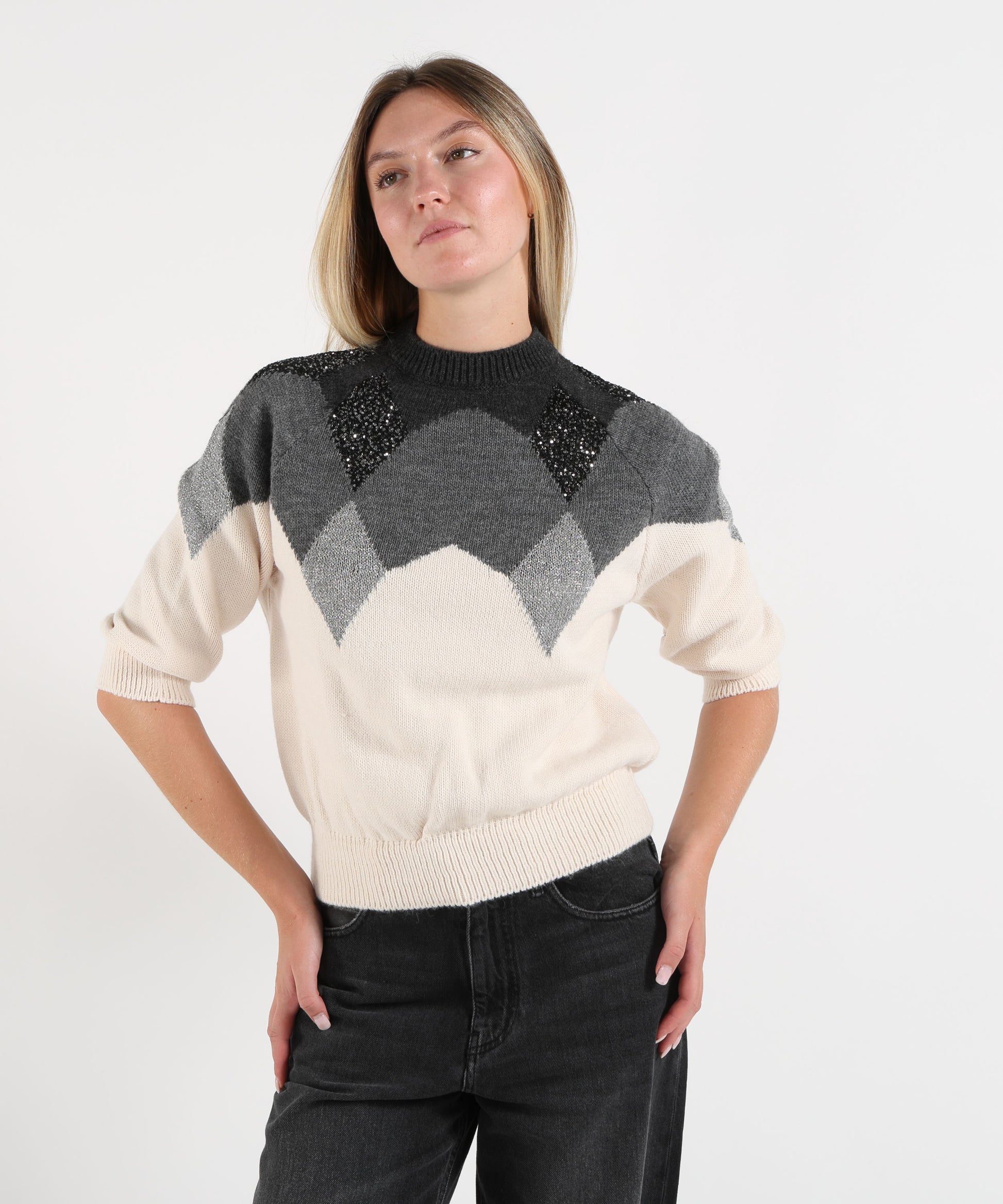 Knitwear KAOS Women’s High-Neck Sweater with Argyle Pattern Grigio/panna | KAOS