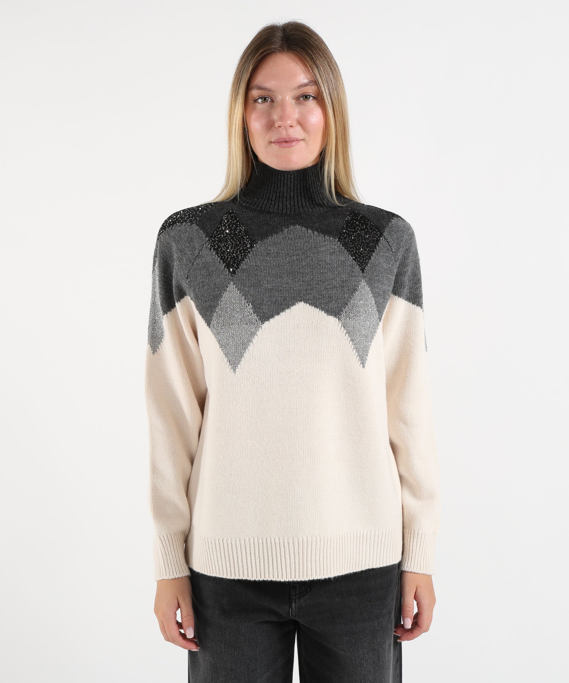 KAOS Maglione Donna Over a Collo Alto con Rombi