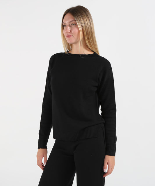 Maglie KAOS Maglione Donna Girocollo con Spacchetti Laterali Nero | KAOS
