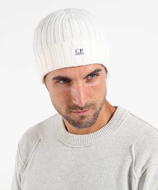 Cappelli C.P. COMPANY Extrafine Merino Wool Logo Beanie Bianco | C.P. COMPANY