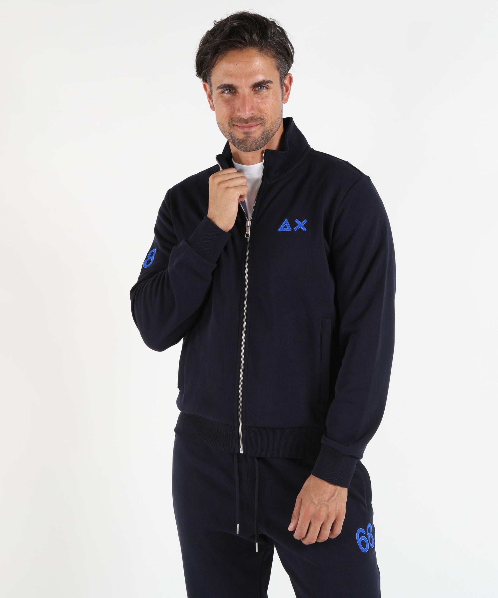 SUN 68 Felpa in cotone con zip e logo fluo navy blue