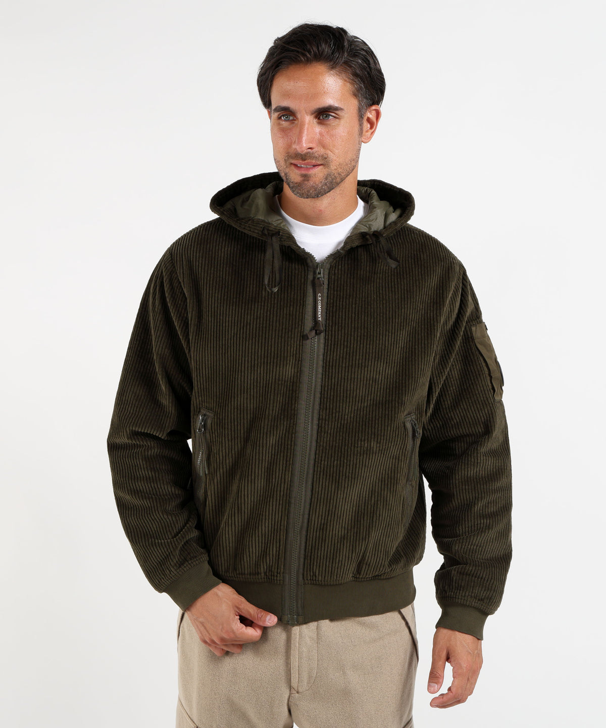 C.P. COMPANY Felpa Uomo C.P. Company in Velluto a Coste con Cappuccio e Full Zip