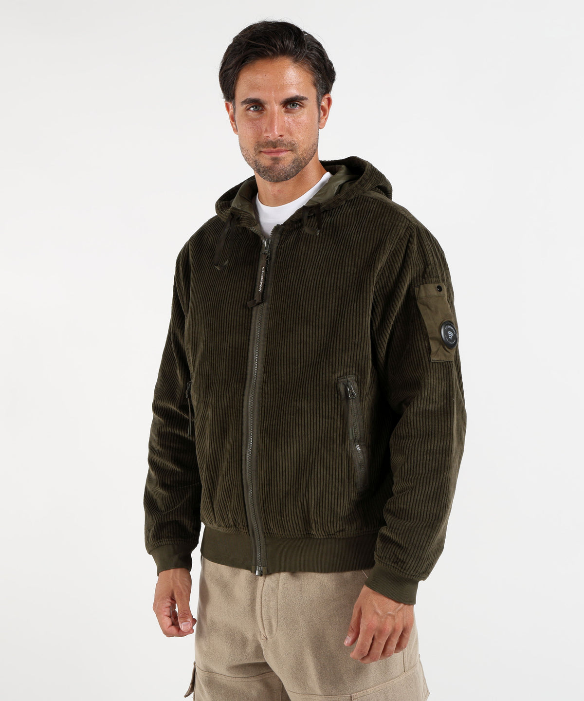 Bomber C.P. COMPANY Felpa Uomo C.P. Company in Velluto a Coste con Cappuccio e Full Zip Militare | C.P. COMPANY