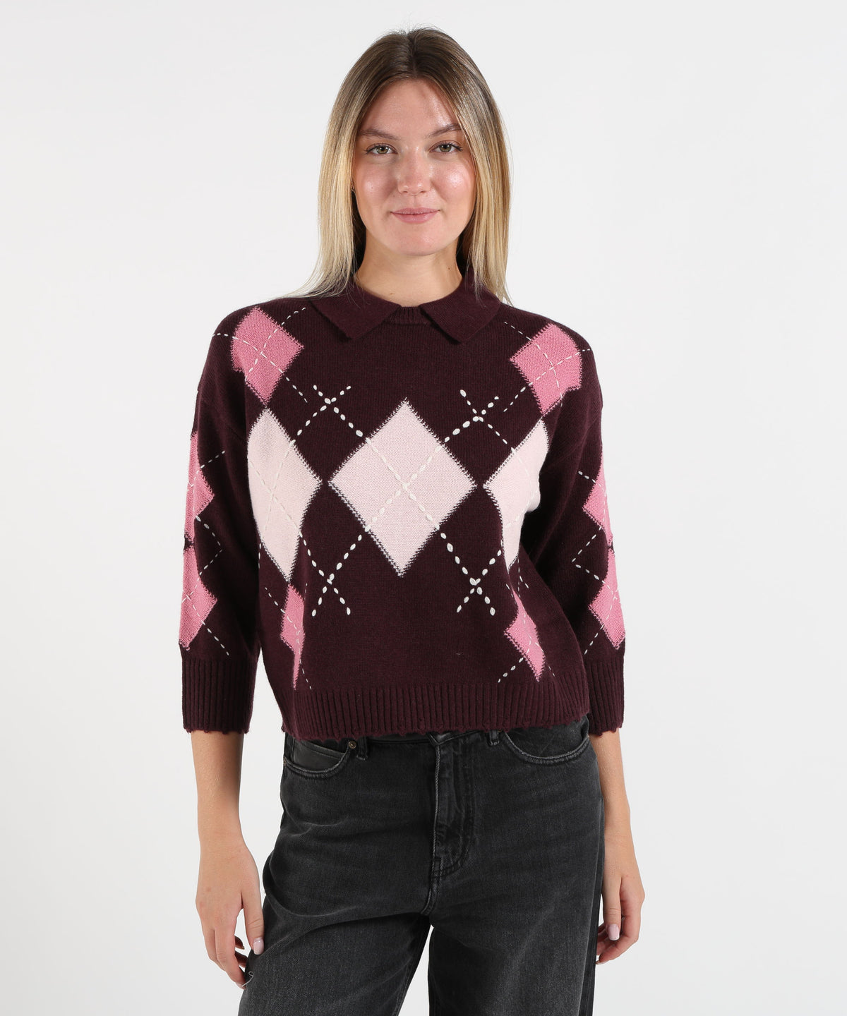 PINKO Women’s Knit Polo Shirt with Argyle Pattern