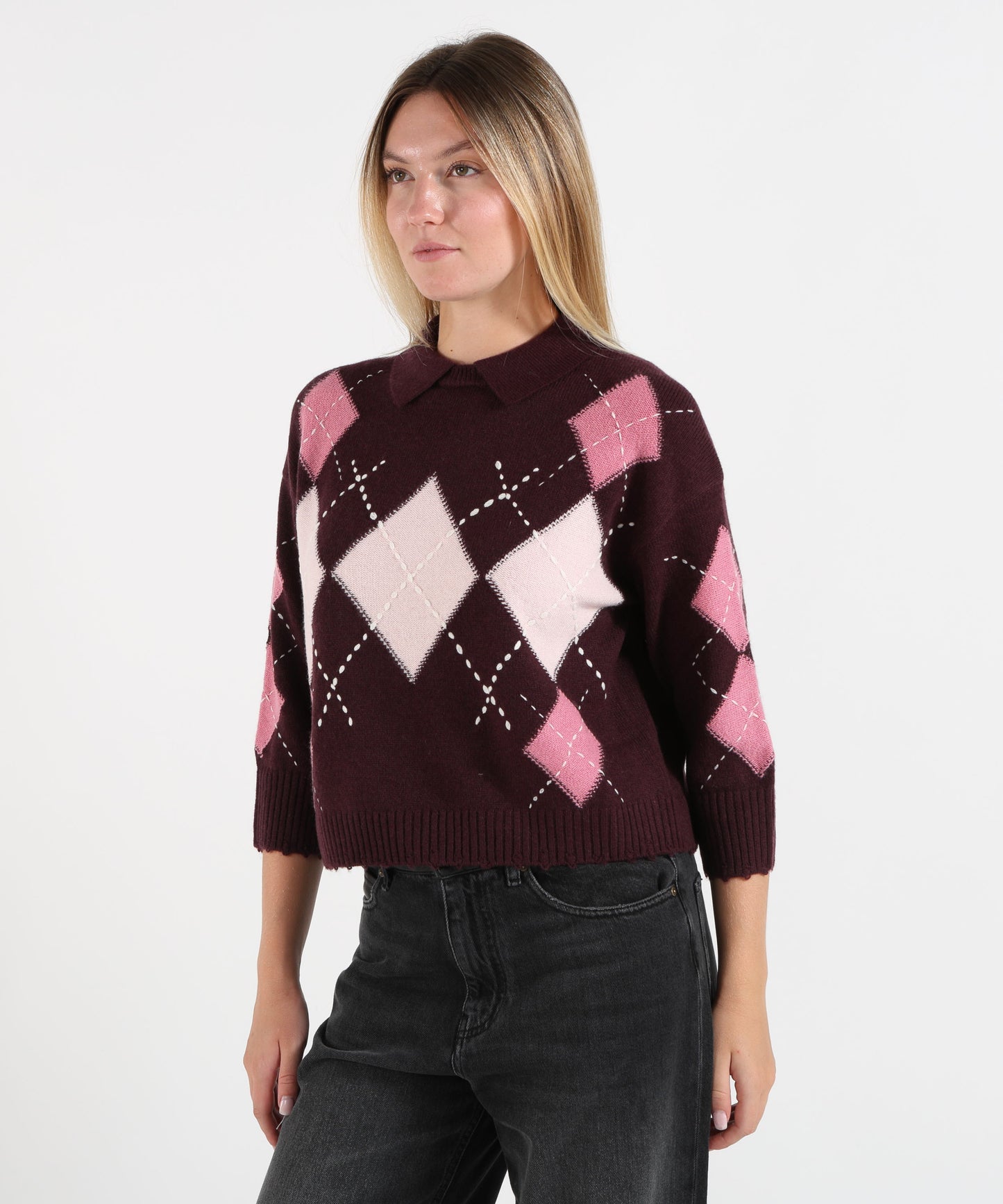 PINKO Women’s Knit Polo Shirt with Argyle Pattern