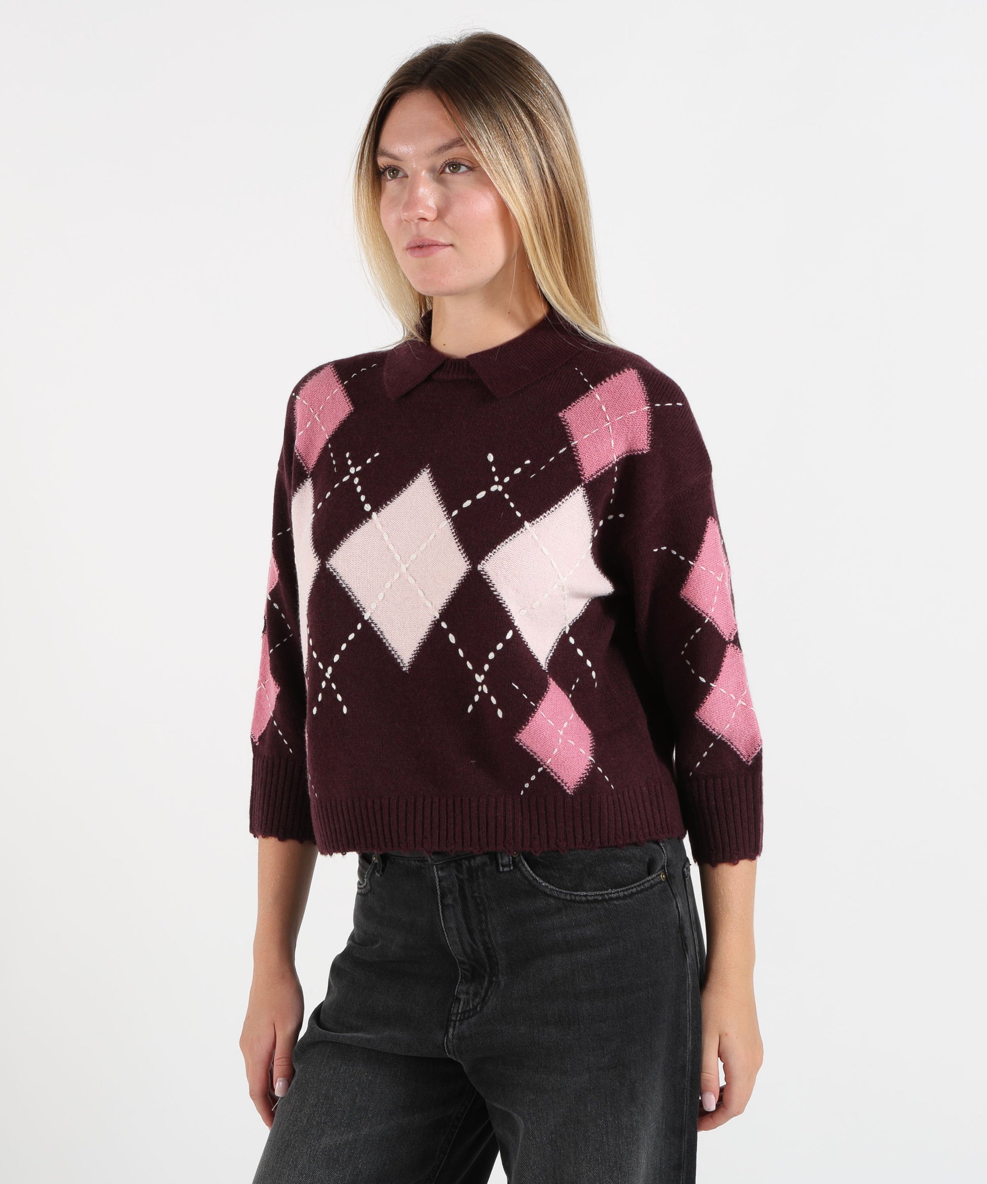 Polo shirts PINKO Women’s Knit Polo Shirt with Argyle Pattern Bordeau/rosa | PINKO