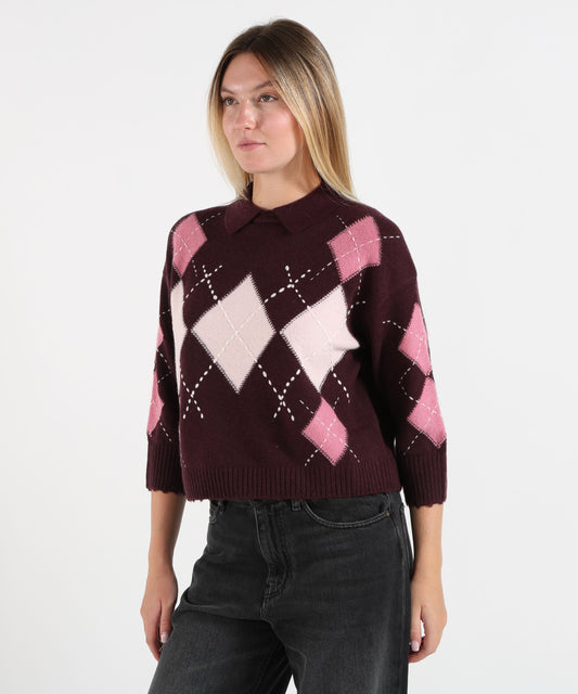 Polo PINKO Polo Donna in Maglia con Fantasia Argyle Bordeau/rosa | PINKO