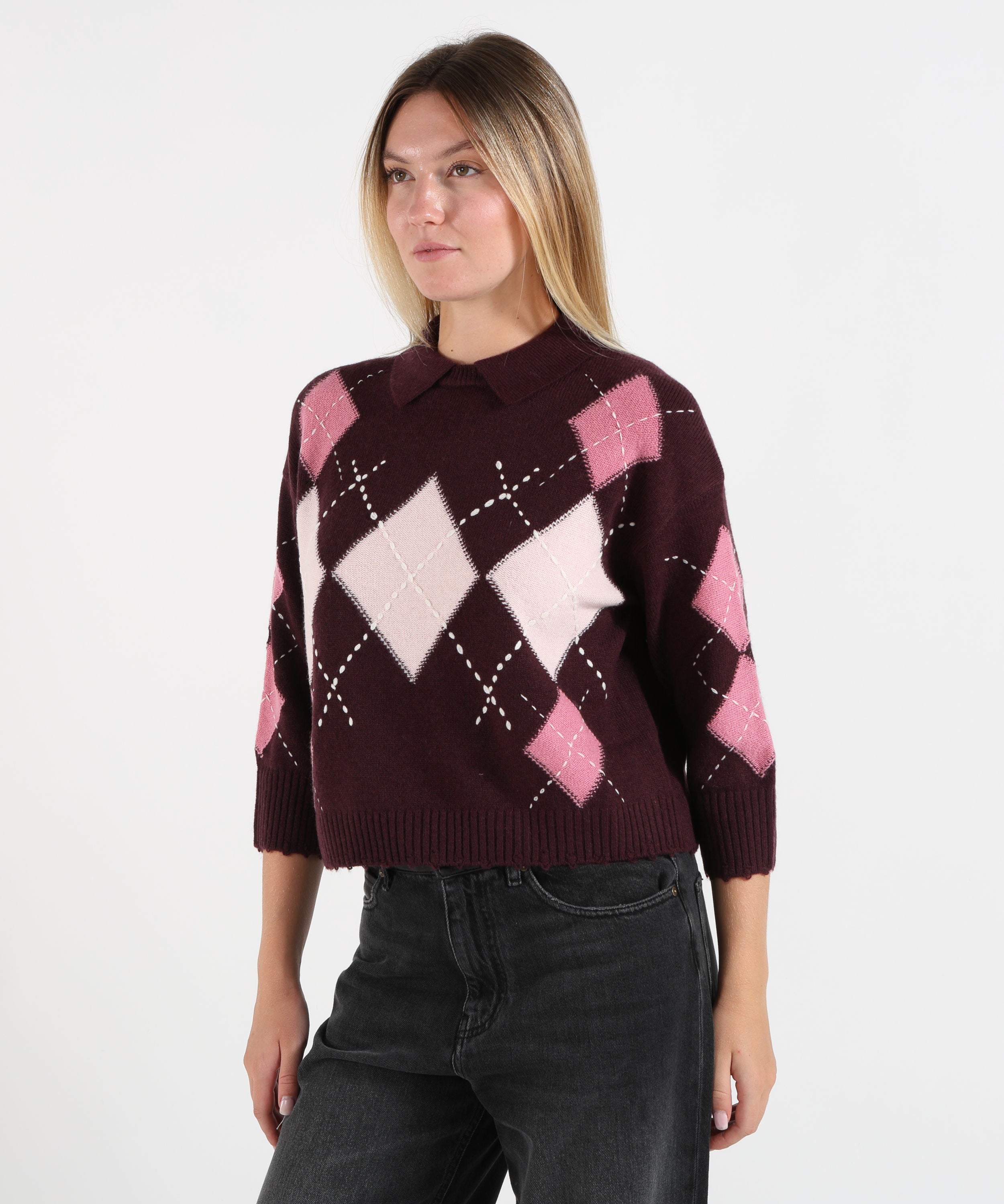 Polo PINKO Polo Donna in Maglia con Fantasia Argyle Bordeau/rosa | PINKO