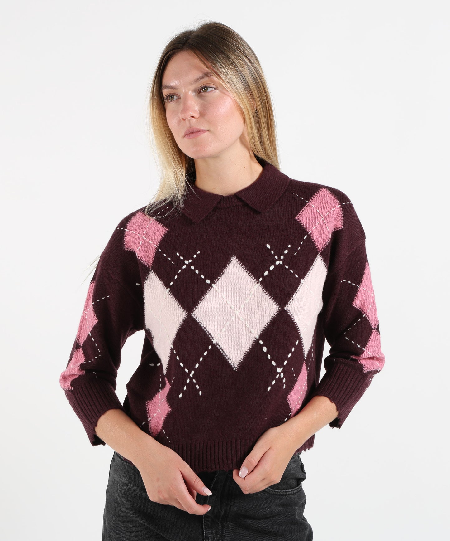 PINKO Women’s Knit Polo Shirt with Argyle Pattern